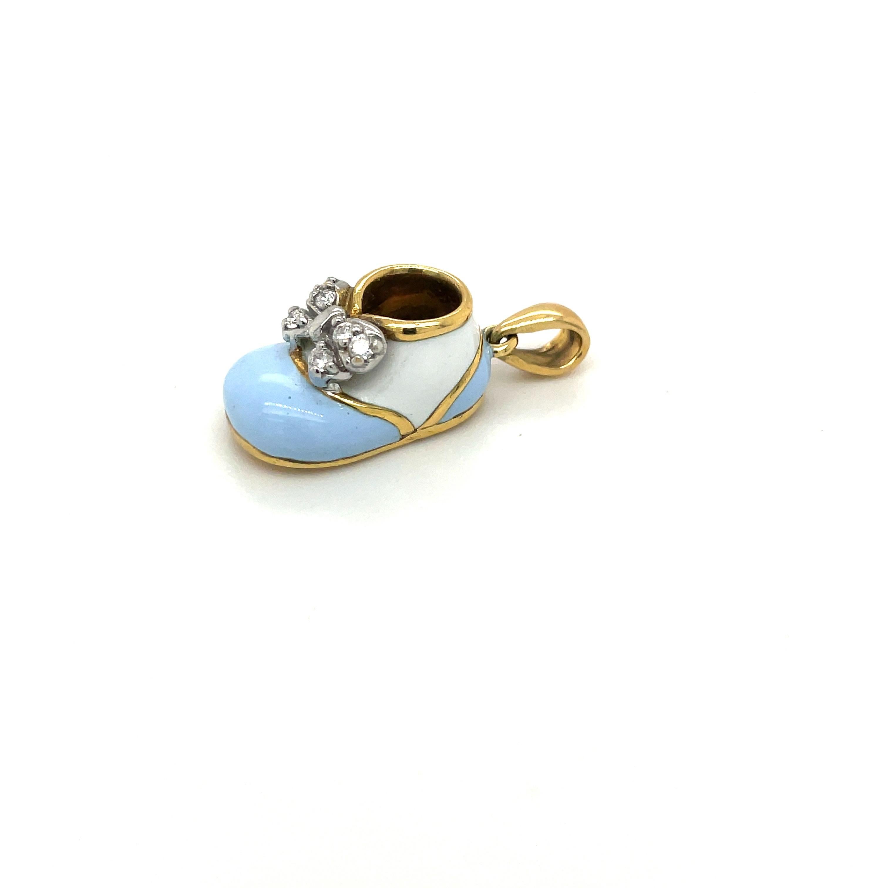 Contemporary 18KT Yellow Gold Baby Shoe Light Blue/White Enamel & 0.12Ct Diamond Bow For Sale
