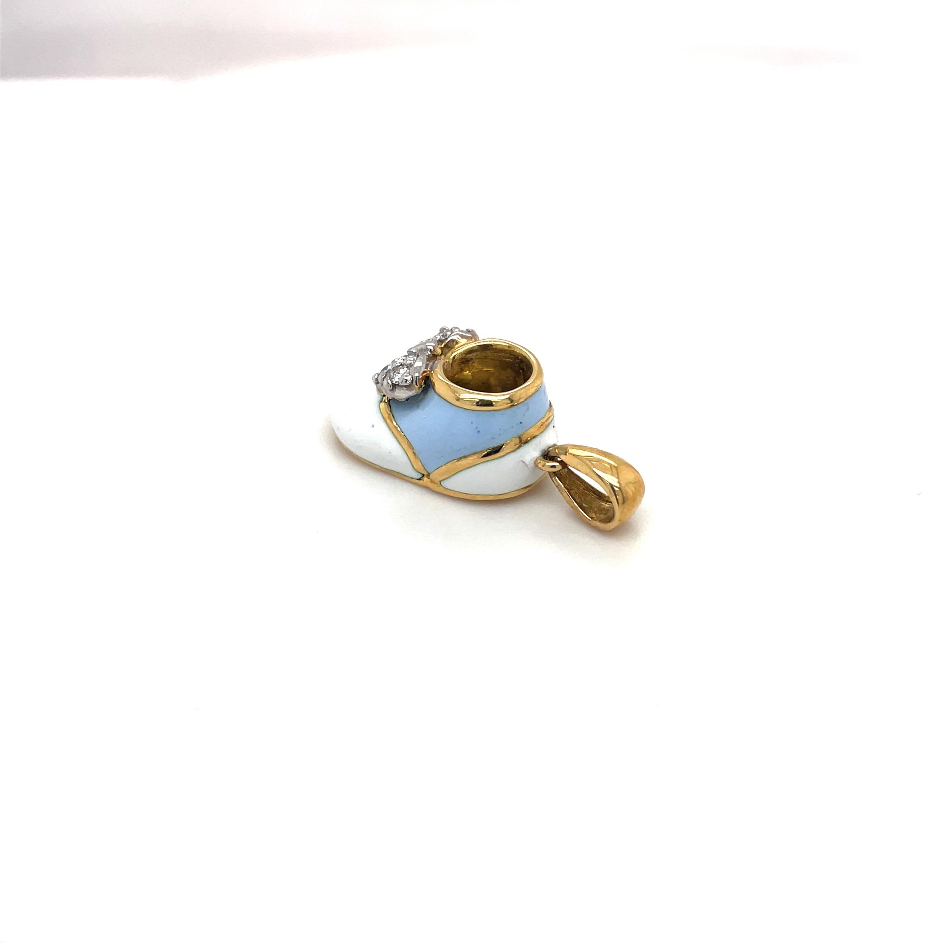 Contemporary 18KT Yellow Gold Baby Shoe White/Light Blue Enamel & 0.12Ct. Diamond Bow For Sale