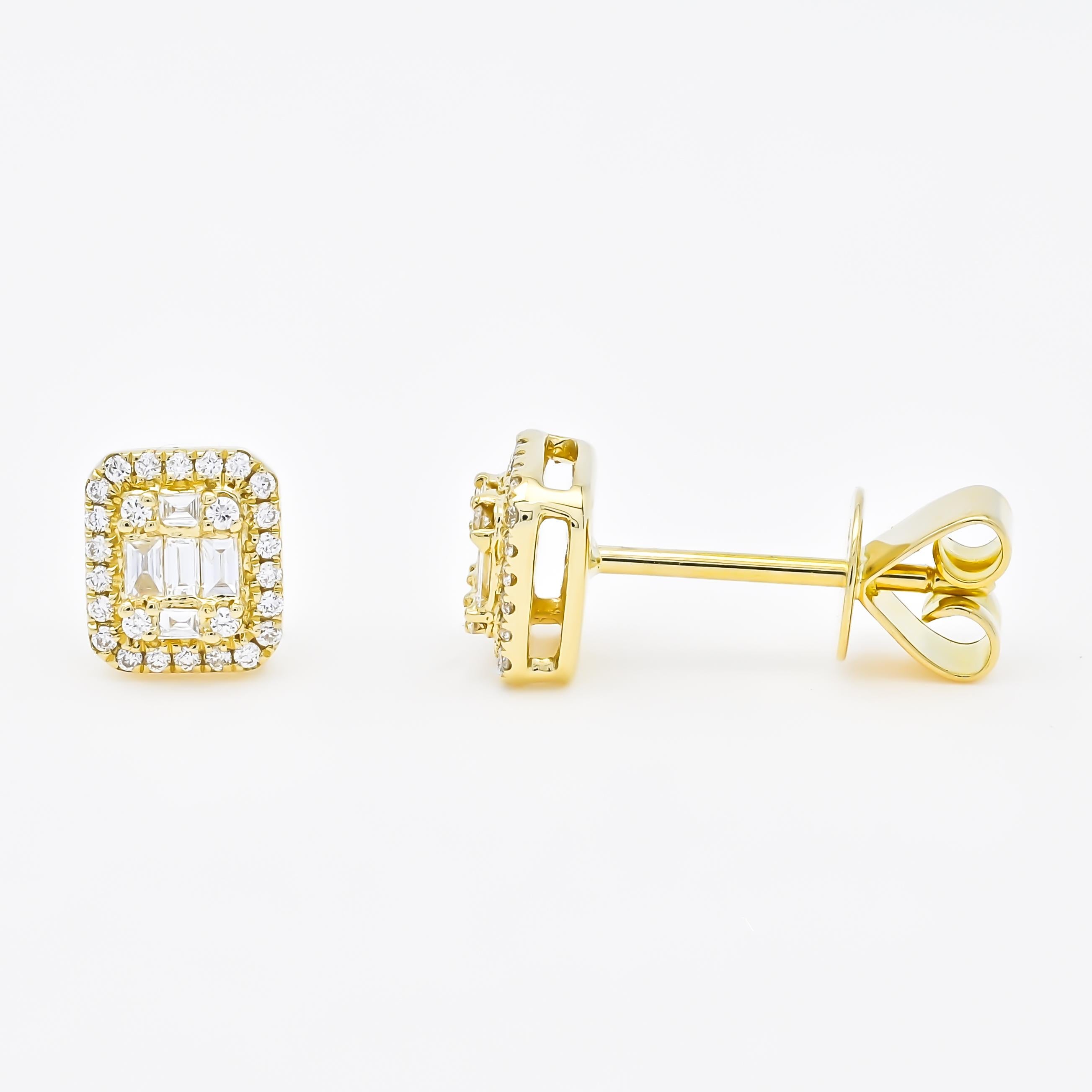 The beauty of these earrings lies in their simplicity. The round and baguette diamonds come together in a graceful cluster, creating a stunning display of brilliance. The combination of different diamond shapes adds dimension and visual interest to