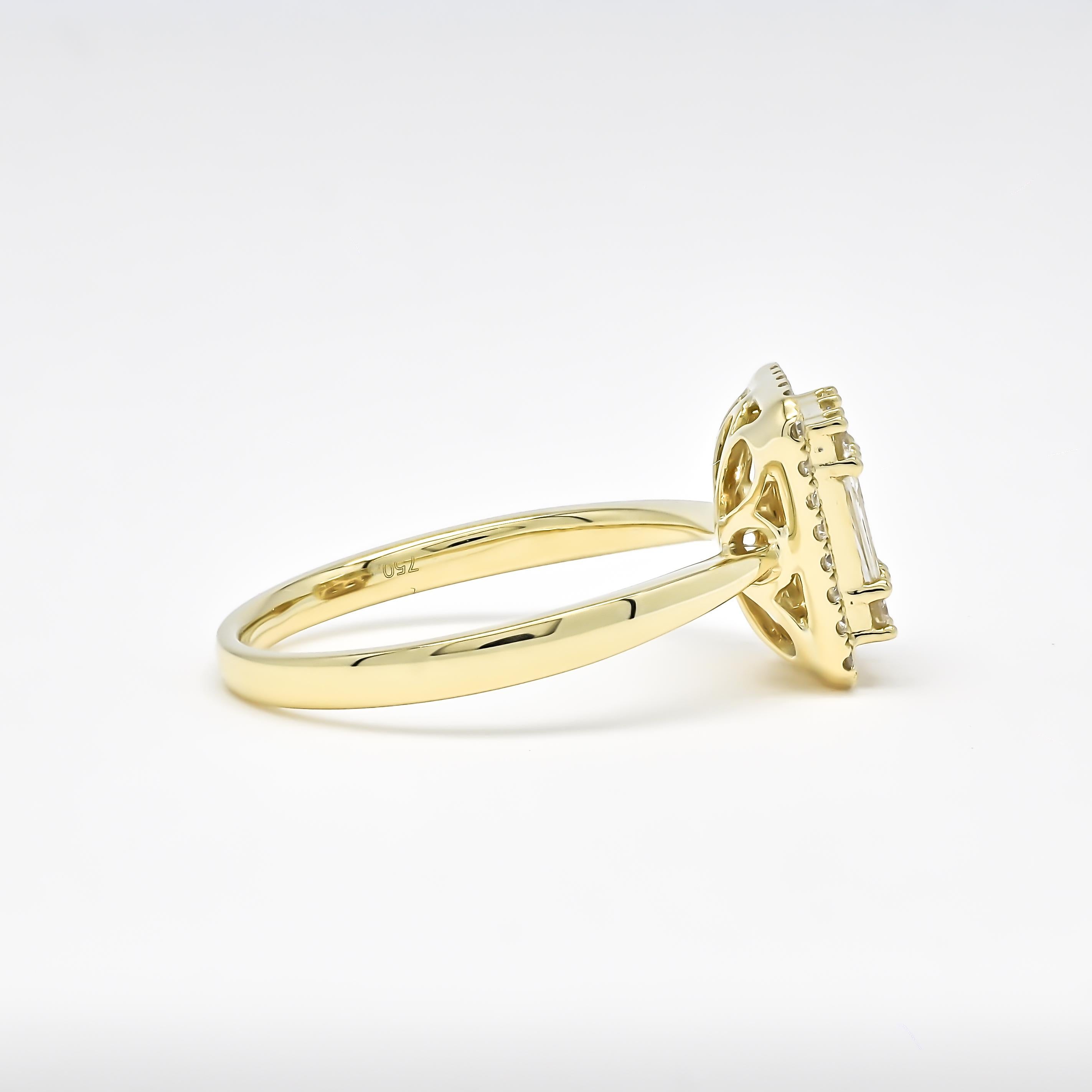 Ein Diamant-Cluster-Ring mit Baguette- und runden Diamanten ist eine schöne und anspruchsvolle Wahl für einen zierlichen Verlobungsring. In der Mitte des Rings befindet sich eine Gruppe von Diamanten im Rund- und Baguetteschliff, die dem Design eine