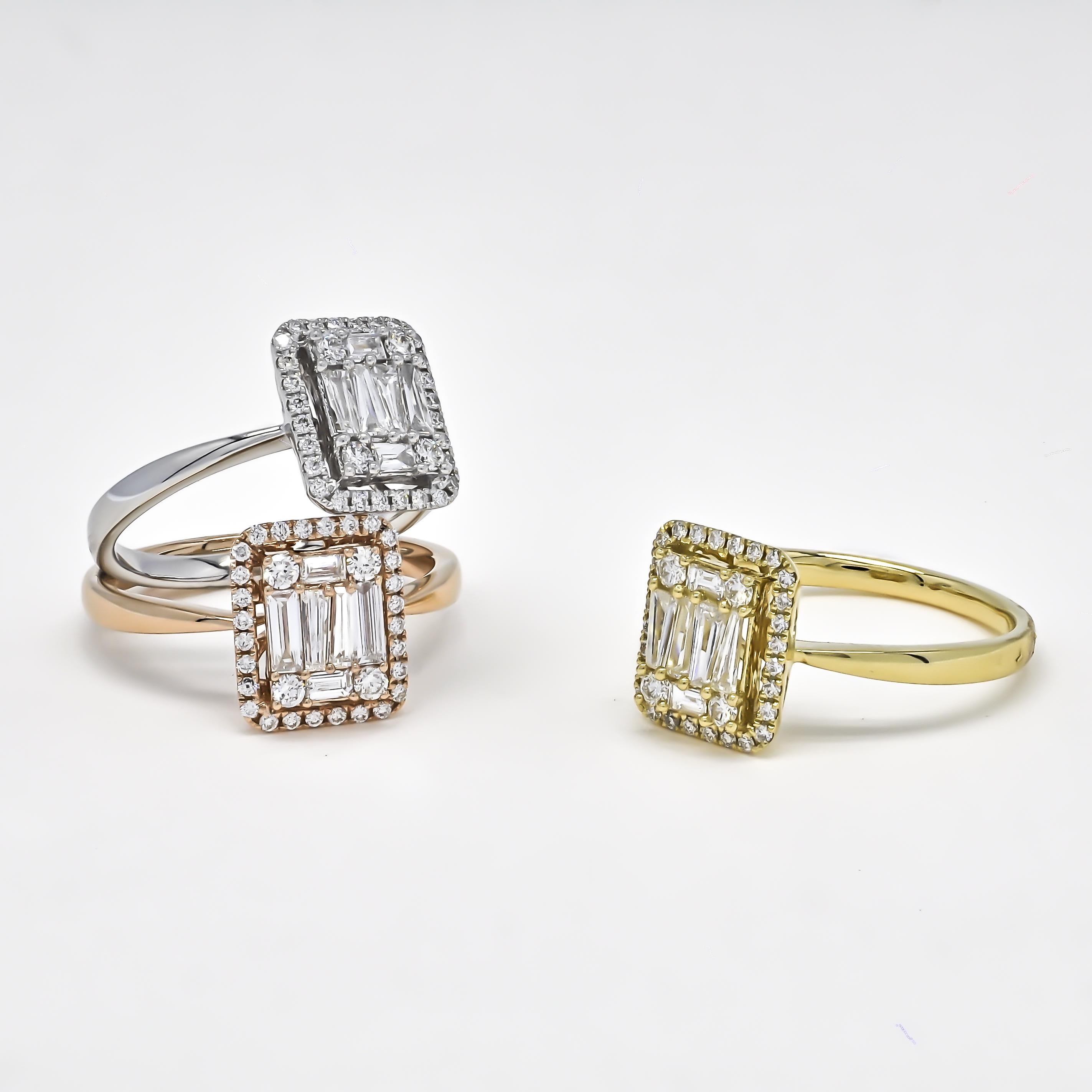 18KT Verlobungsring aus Gelbgold mit Baguette-Halo und natürlichen Diamanten R065979 (Art nouveau) im Angebot