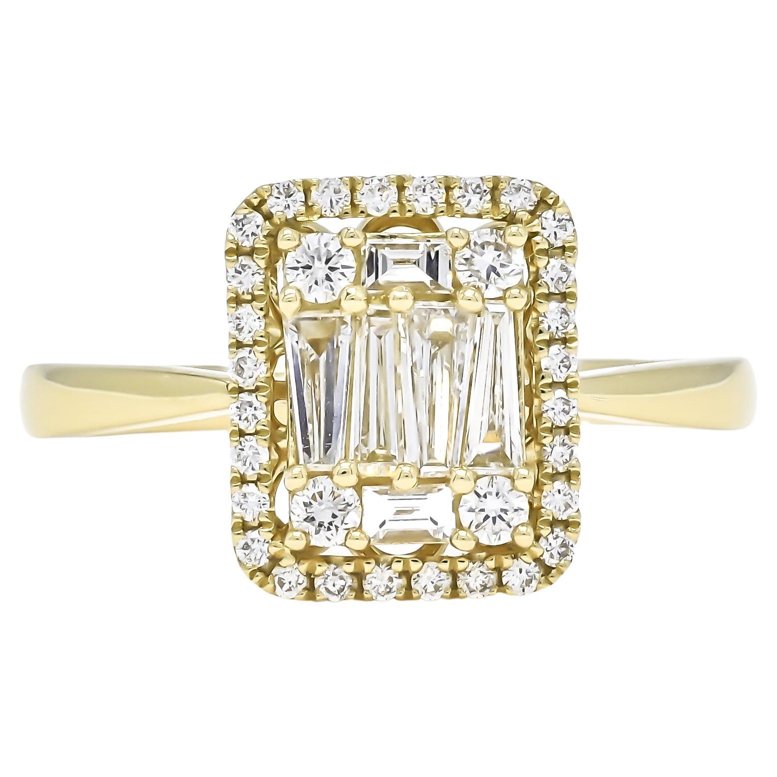 18KT Yellow Gold Baguette Halo Cluster Natural Diamonds Engagement Ring R065979 For Sale