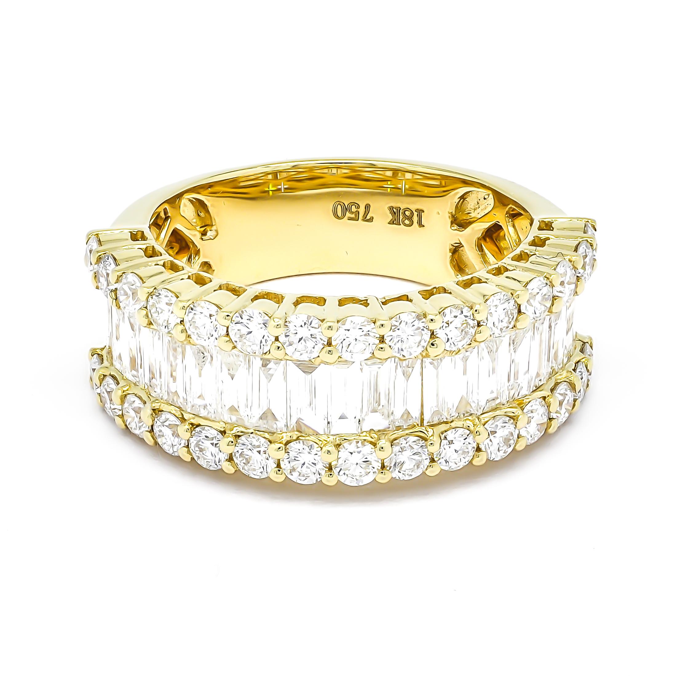 For Sale:  18KT Yellow Gold Baguette Round Diamonds Cocktail Channel Half Eternity Ring 7
