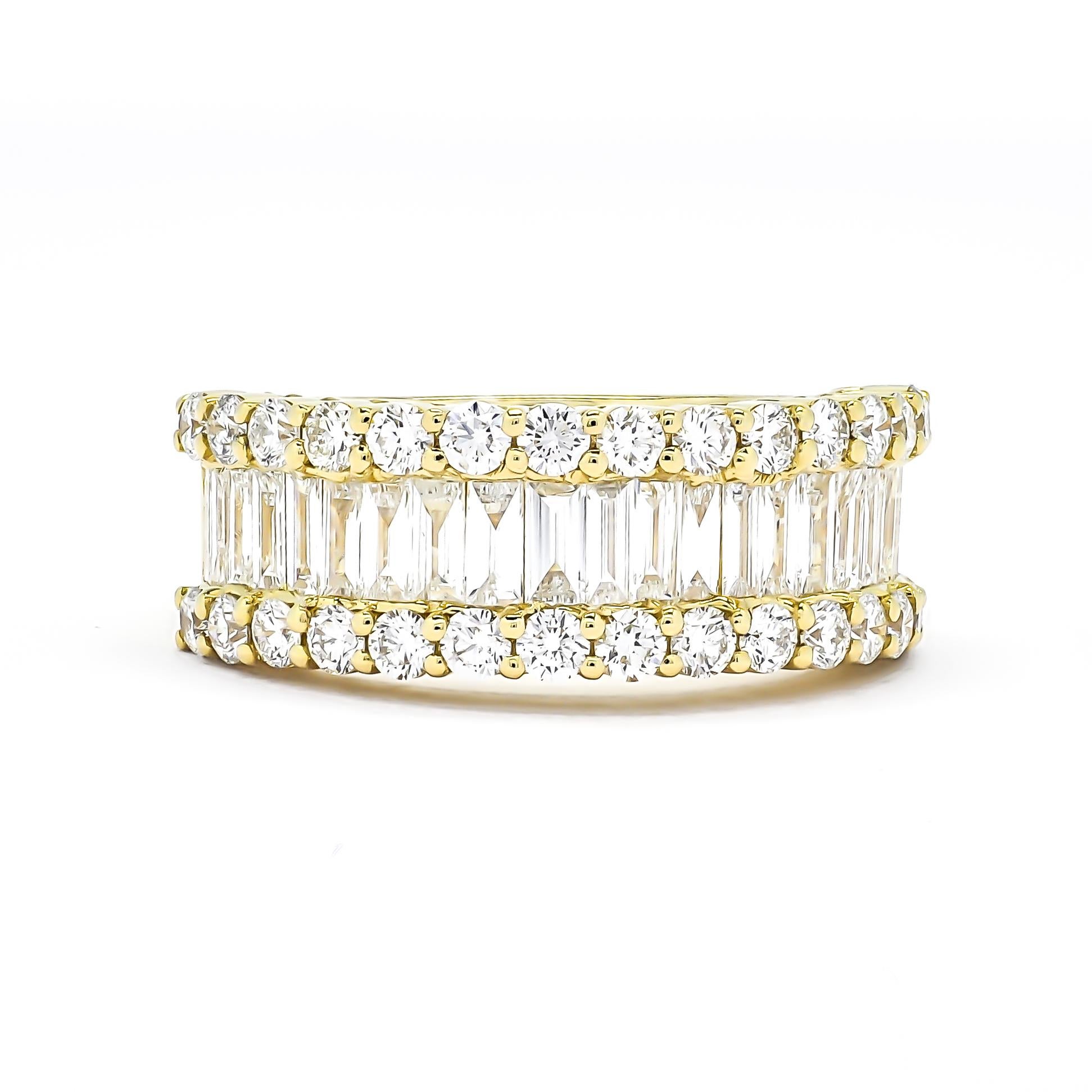 For Sale:  18KT Yellow Gold Baguette Round Diamonds Cocktail Channel Half Eternity Ring 8