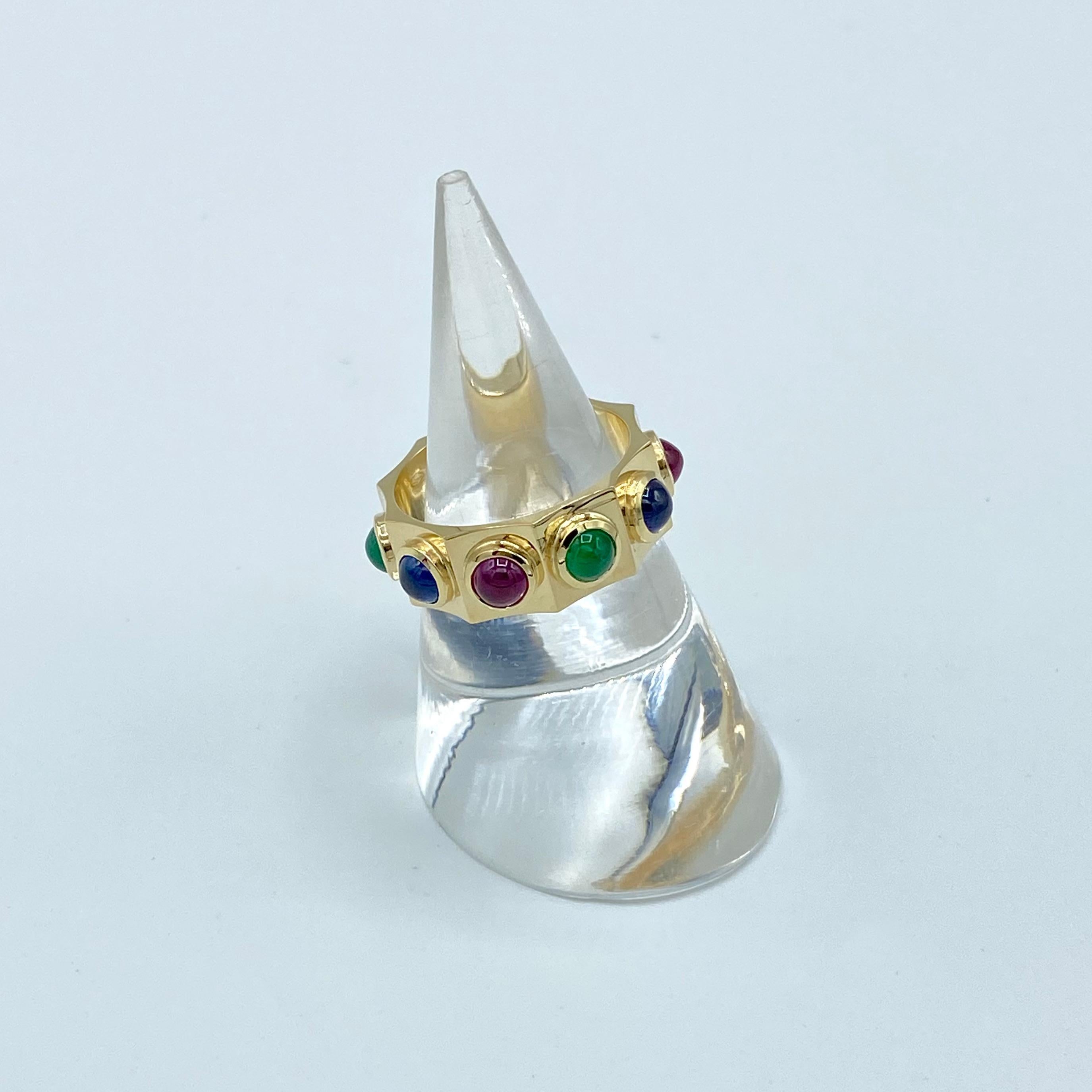 Artisan 18KT Yellow Gold Band Ring Cabochon Sapphire Emerald Ruby Made in Italy For Sale
