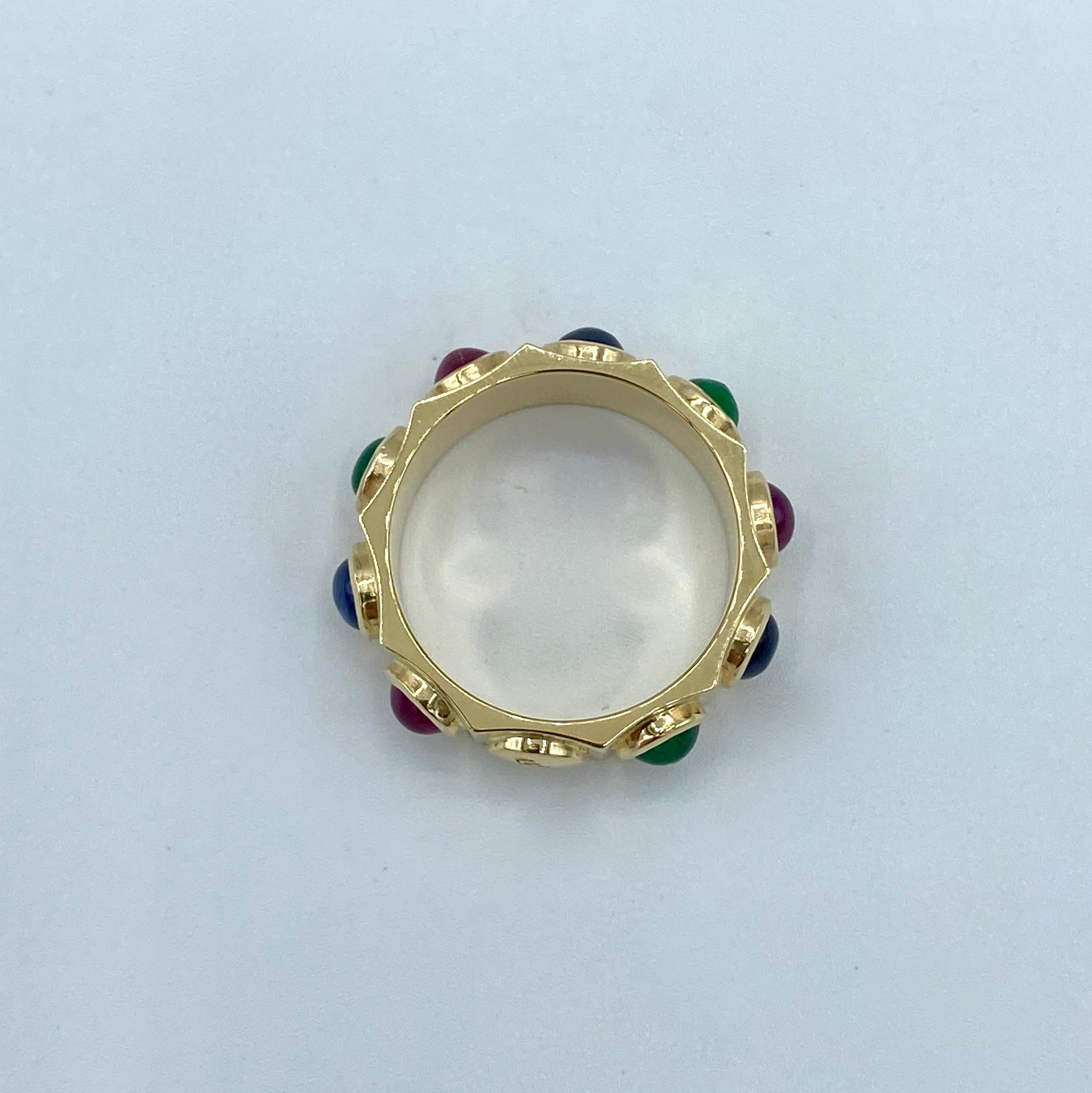 18KT Yellow Gold Band Ring Cabochon Sapphire Emerald Ruby Made in Italy In New Condition For Sale In Bussolengo, Verona