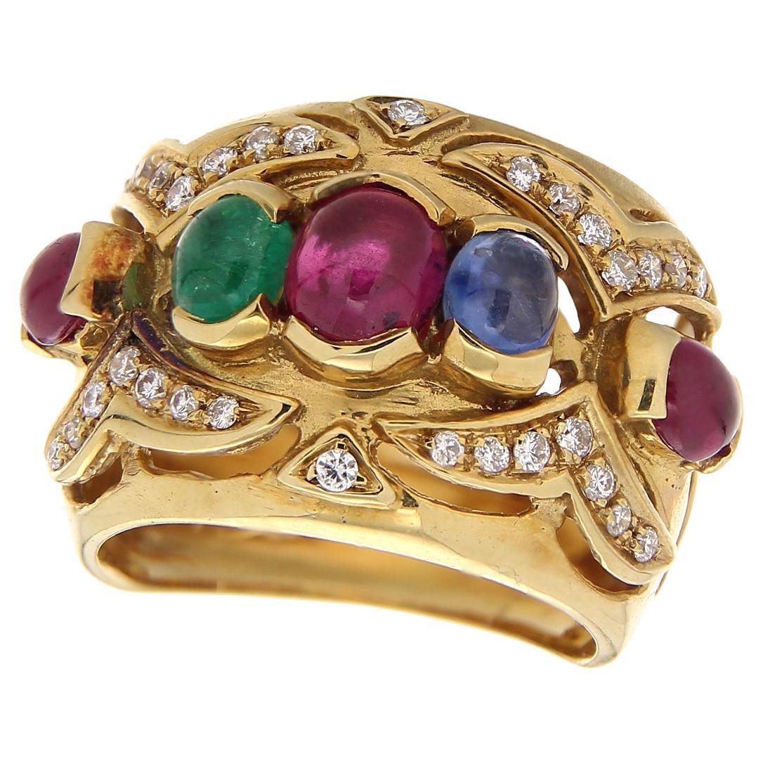 18Kt Yellow Gold Band Ring Natural Cabochon-Cut Sapphires, Emeralds, & Rubies