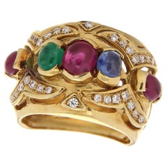 Vintage 18Kt Yellow Gold Band Ring Natural Cabochon-Cut Sapphires, Emeralds, & Rubies