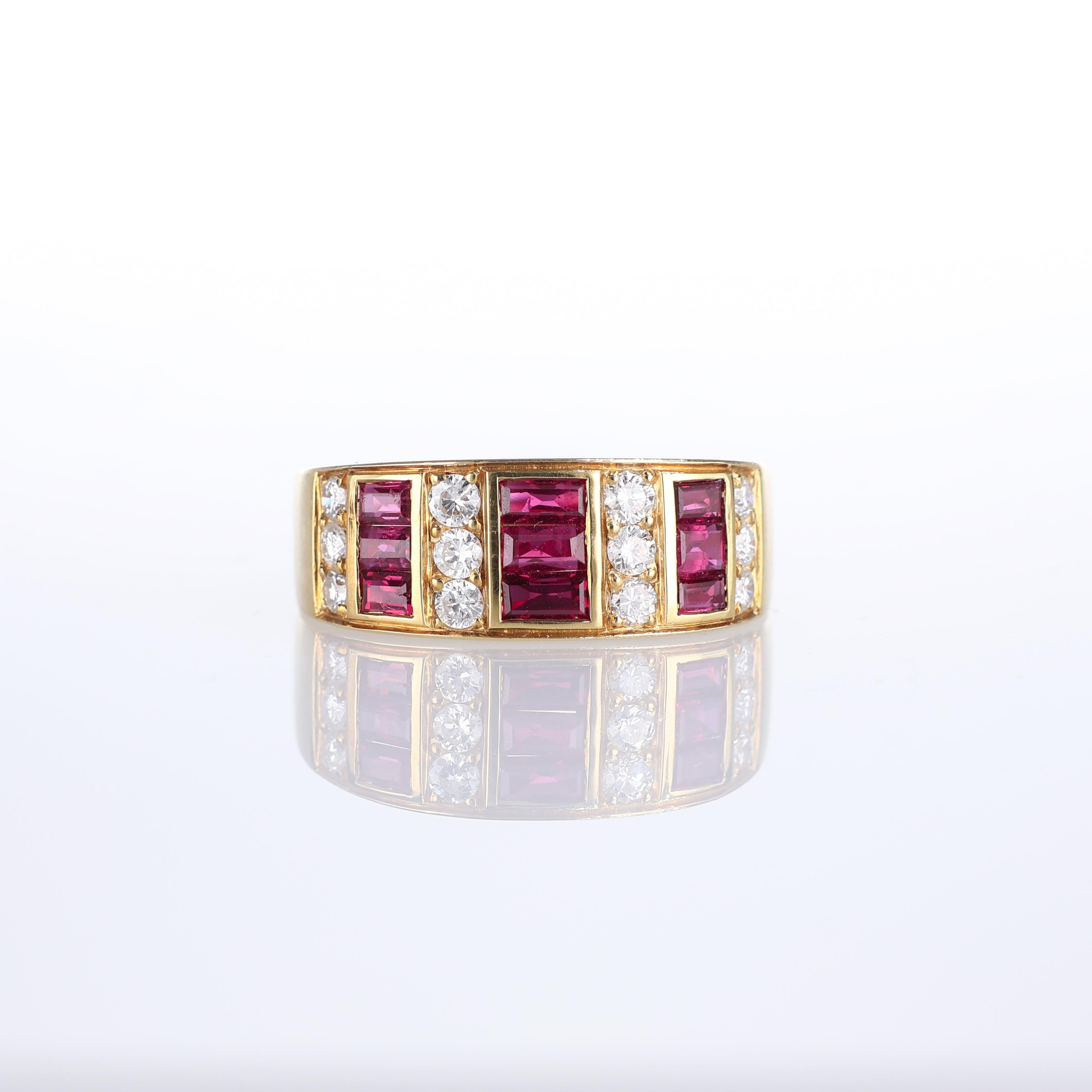 IMPORTANT NOTE:
✔ No additional costs will be added to this order.
✔ Shipping and customs duties are fully covered by us.
--------------------
A refined 18kt yellow gold band ring showcasing a striking combination of baguette-cut rubies and