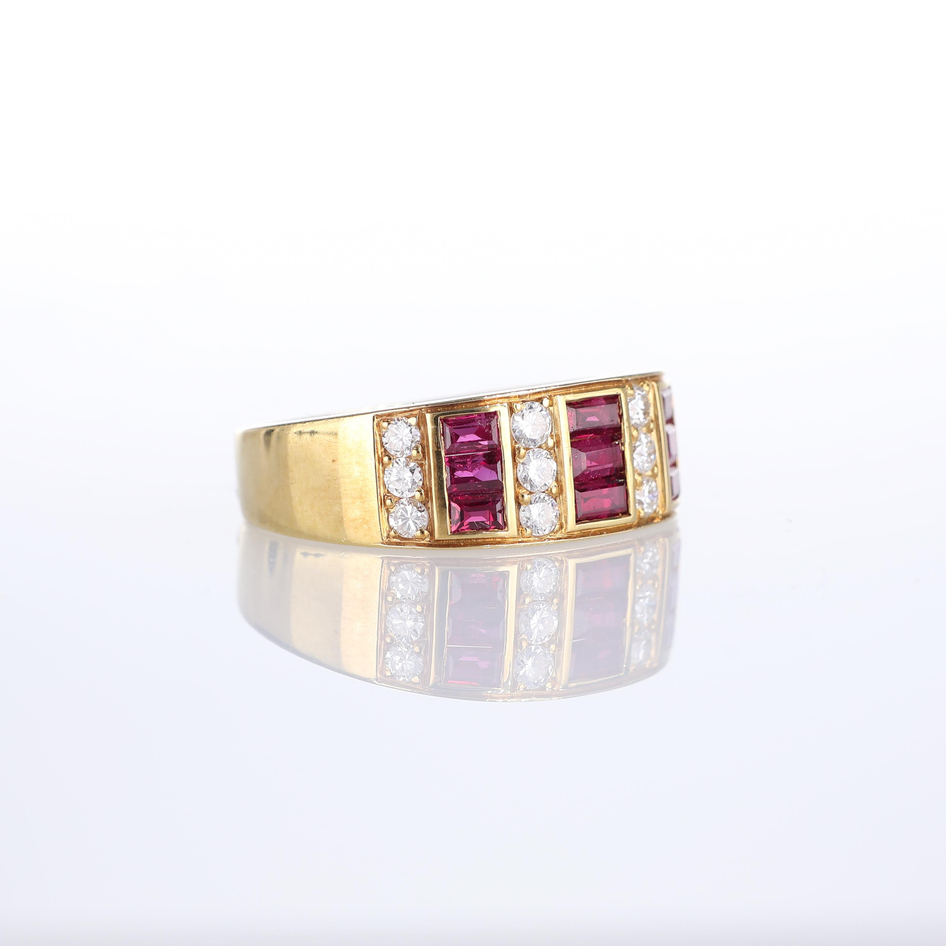 Brilliant Cut 18kt Yellow Gold Band Ring with Baguette Rubies and Diamonds For Sale