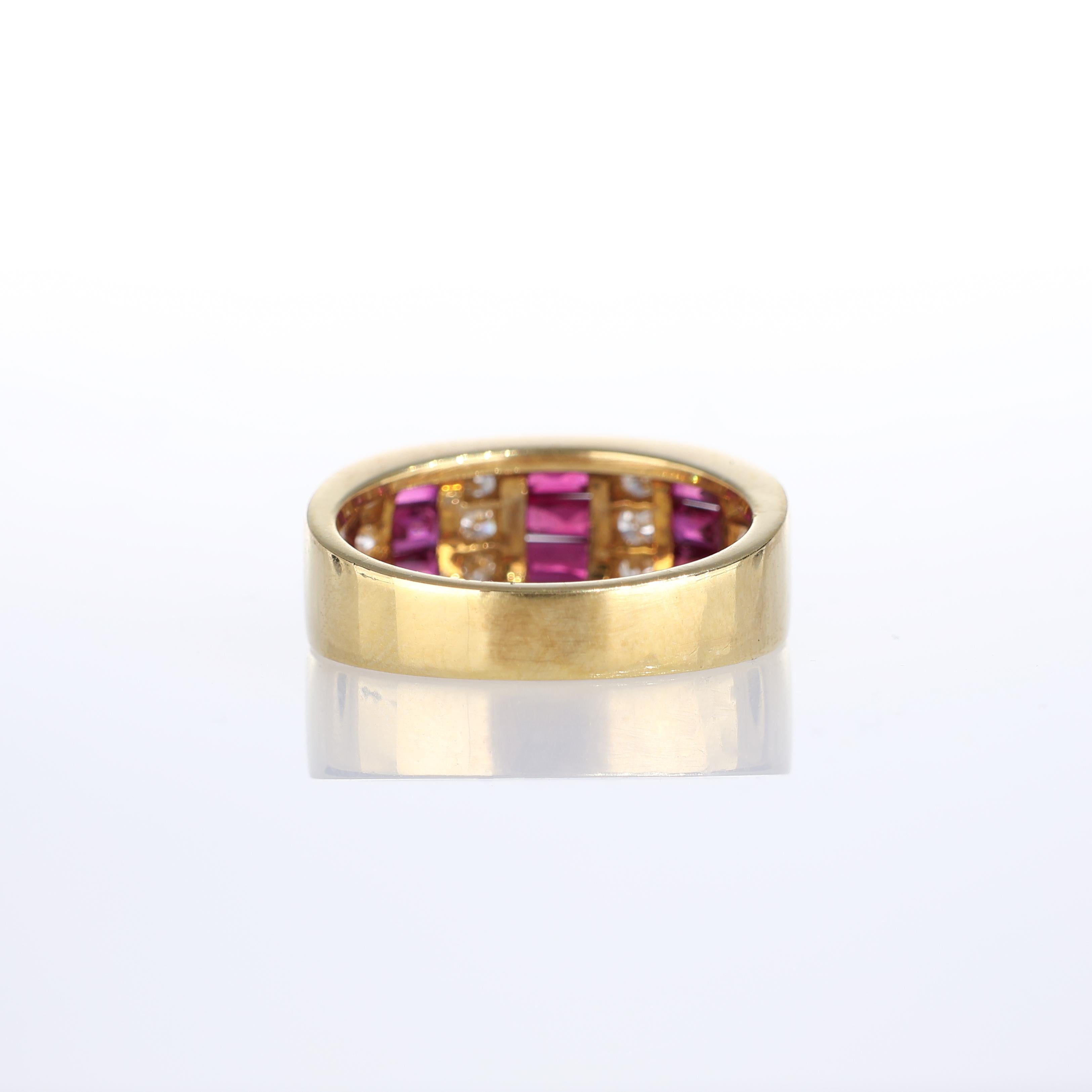 Women's or Men's 18kt Yellow Gold Band Ring with Baguette Rubies and Diamonds For Sale