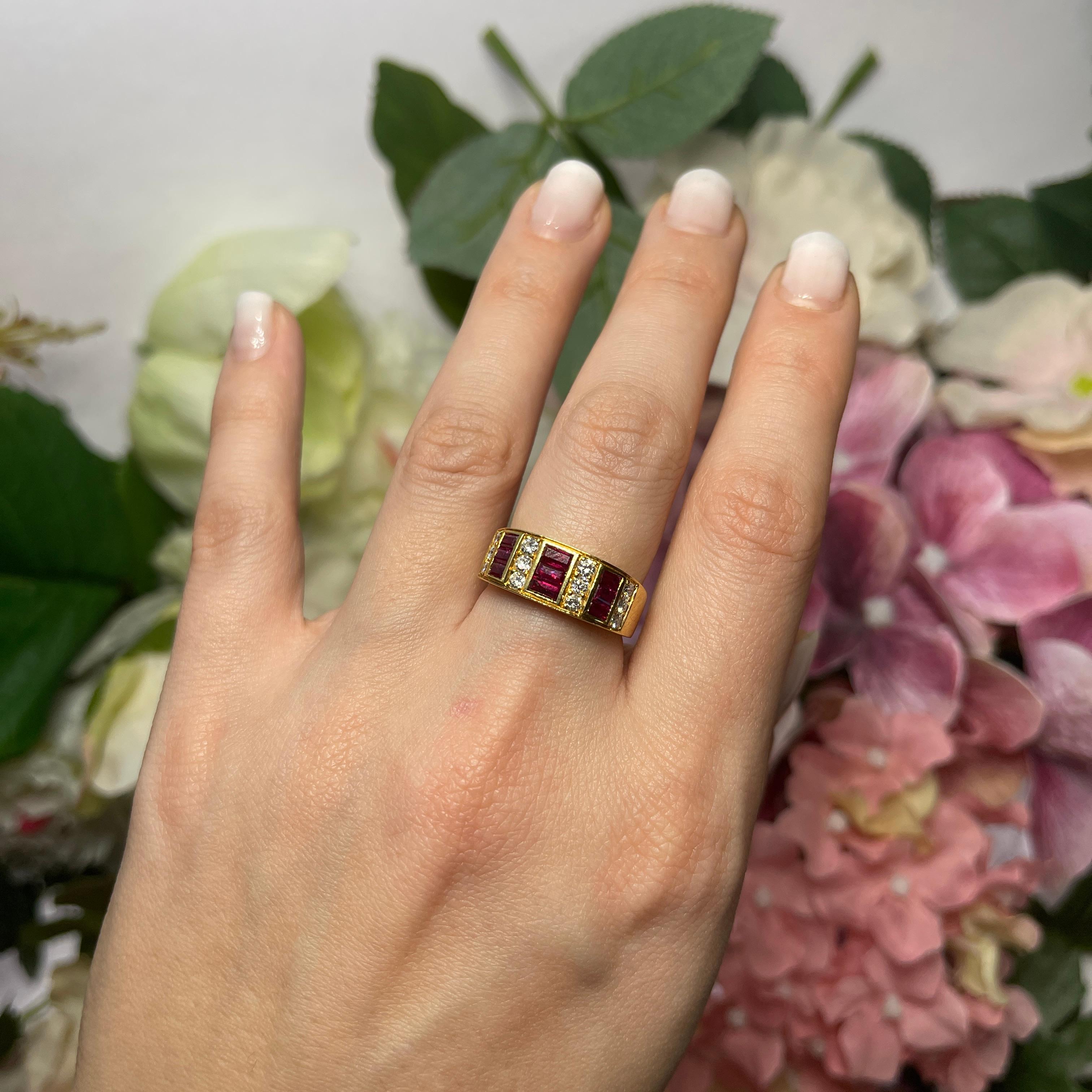 18kt Yellow Gold Band Ring with Baguette Rubies and Diamonds For Sale 3