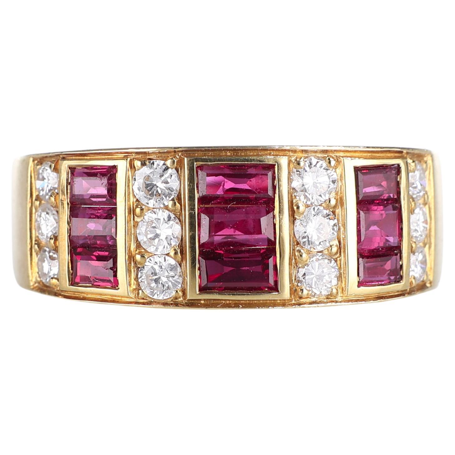 18kt Yellow Gold Band Ring with Baguette Rubies and Diamonds