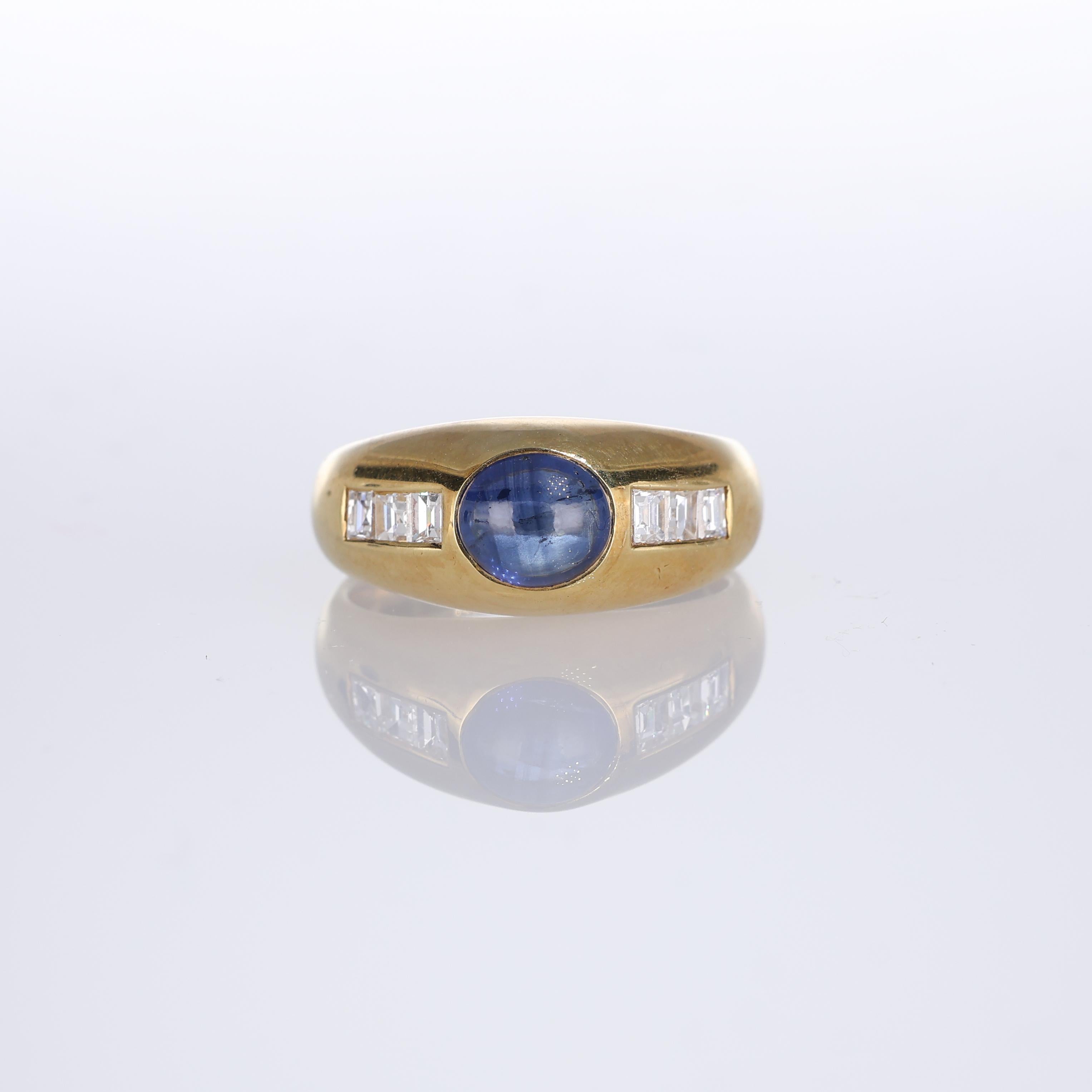 IMPORTANT NOTE:
✔ No additional costs will be added to this order.
✔ Shipping and customs duties are fully covered by us.
--------------------
An elegant 18kt yellow gold band ring featuring a central cabochon sapphire weighing 0.58 carats. The
