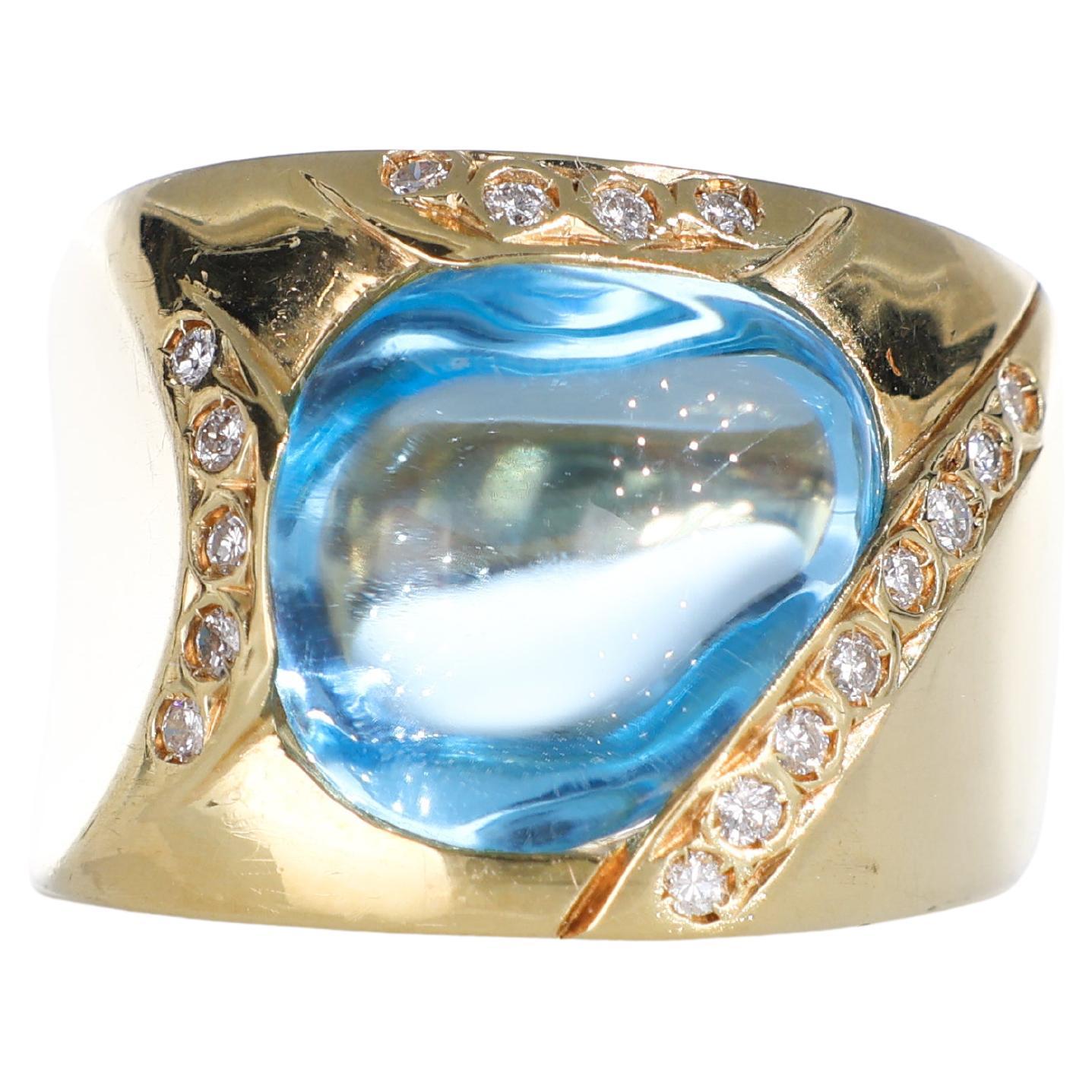 18kt Yellow Gold Band Ring with Cabochon Topaz and Diamond Accents