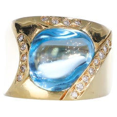 18kt Yellow Gold Band Ring with Cabochon Topaz and Diamond Accents
