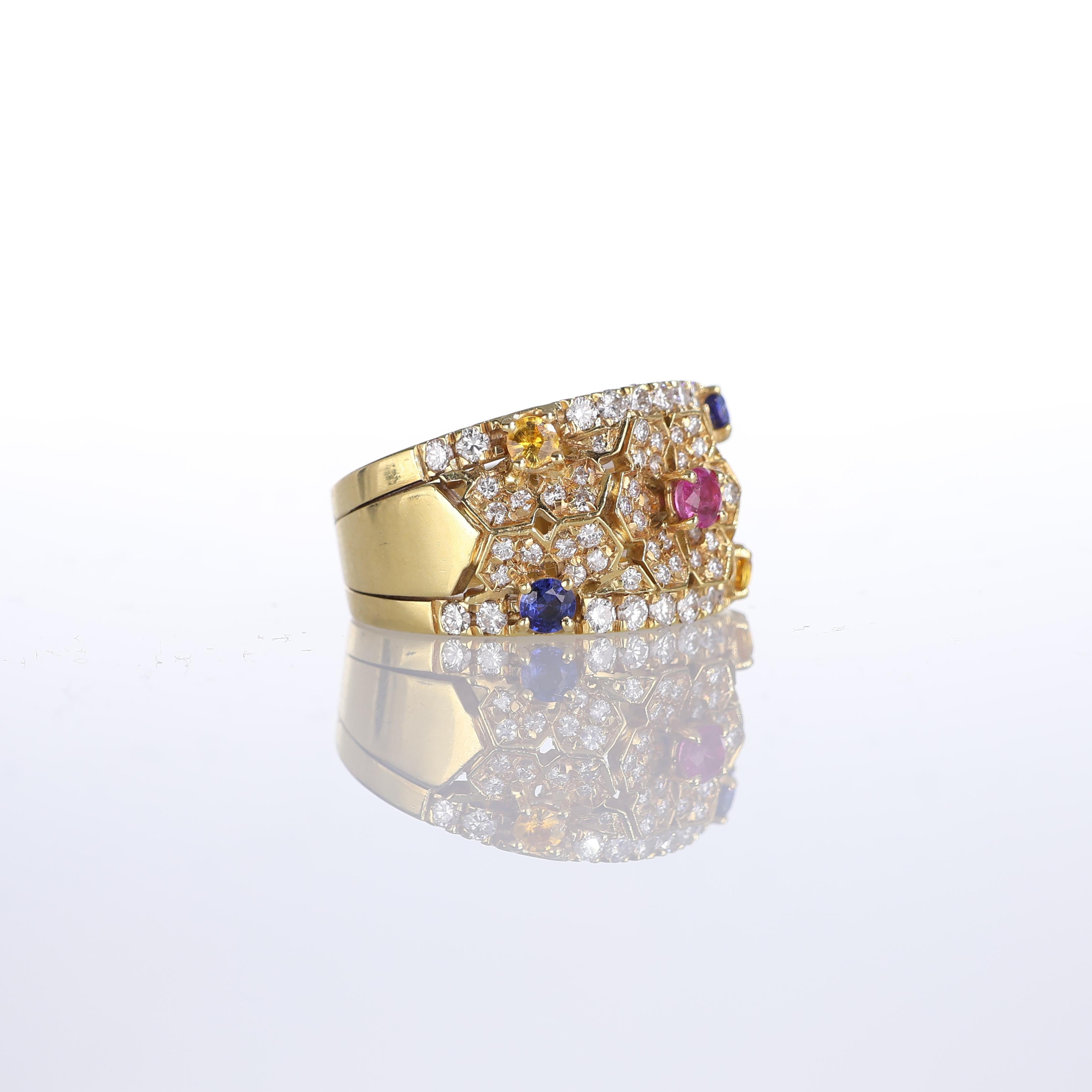 Brilliant Cut 18kt Yellow Gold Band Ring with Diamond Flowers and Colored Sapphires For Sale