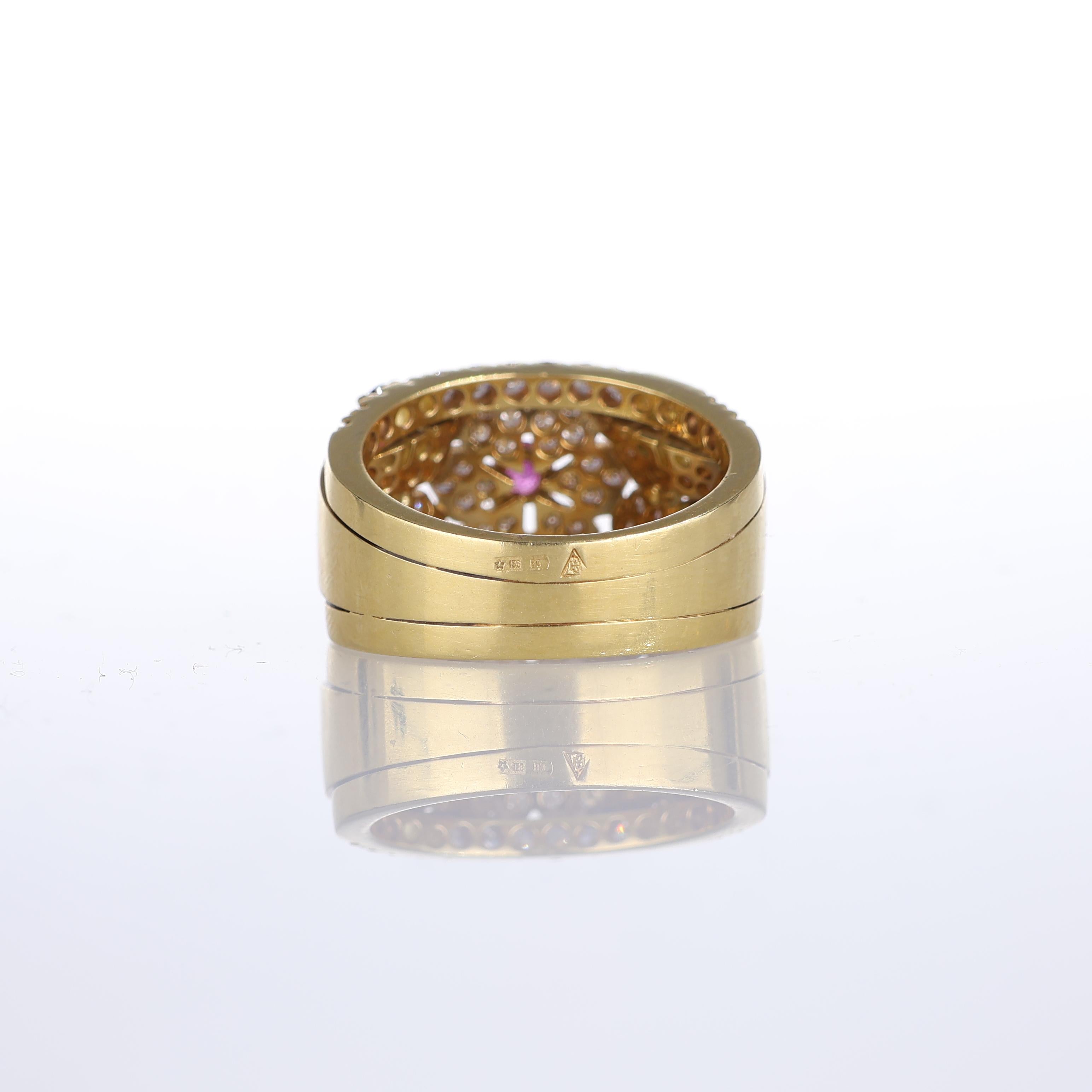 Women's or Men's 18kt Yellow Gold Band Ring with Diamond Flowers and Colored Sapphires For Sale