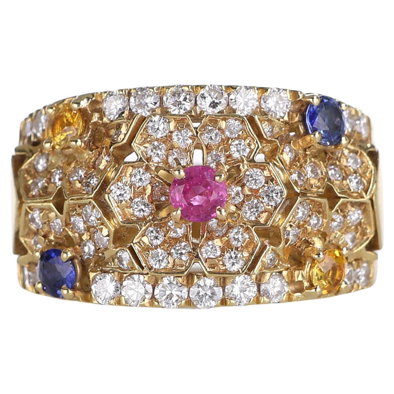 18kt Yellow Gold Band Ring with Diamond Flowers and Colored Sapphires