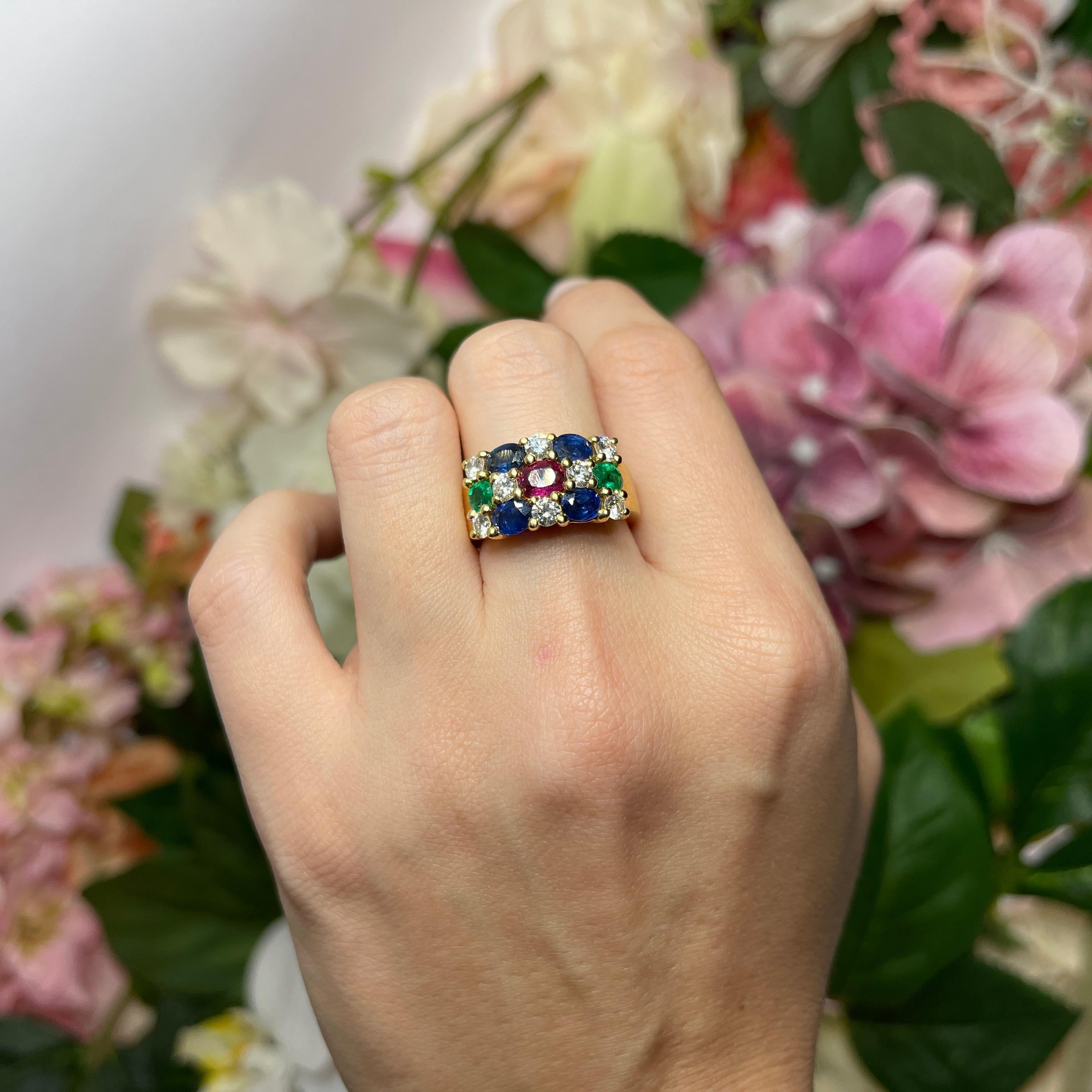18kt Yellow Gold Band Ring with Diamonds, Sapphires, Rubies, and Emeralds For Sale 5