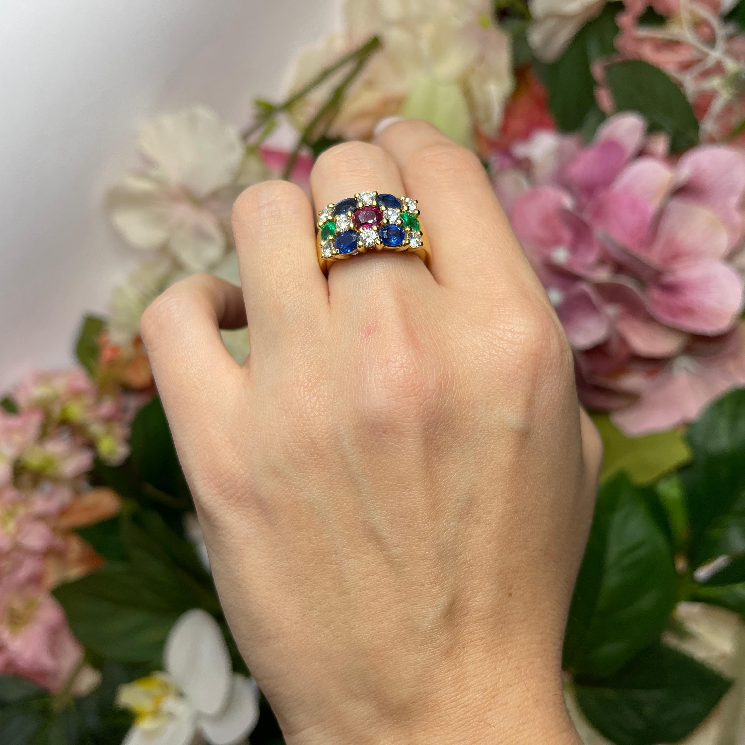 18kt Yellow Gold Band Ring with Diamonds, Sapphires, Rubies, and Emeralds For Sale 7