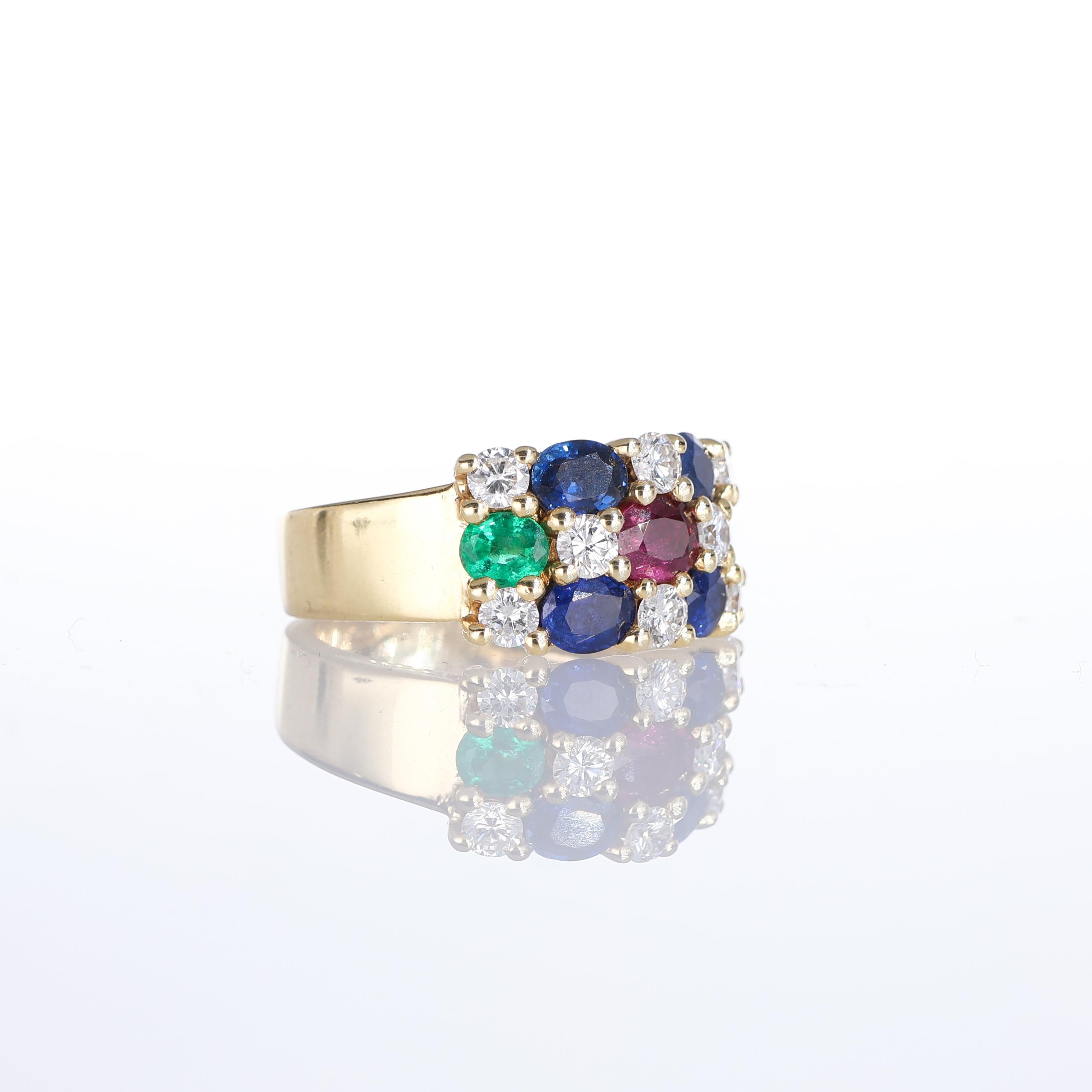 Brilliant Cut 18kt Yellow Gold Band Ring with Diamonds, Sapphires, Rubies, and Emeralds For Sale