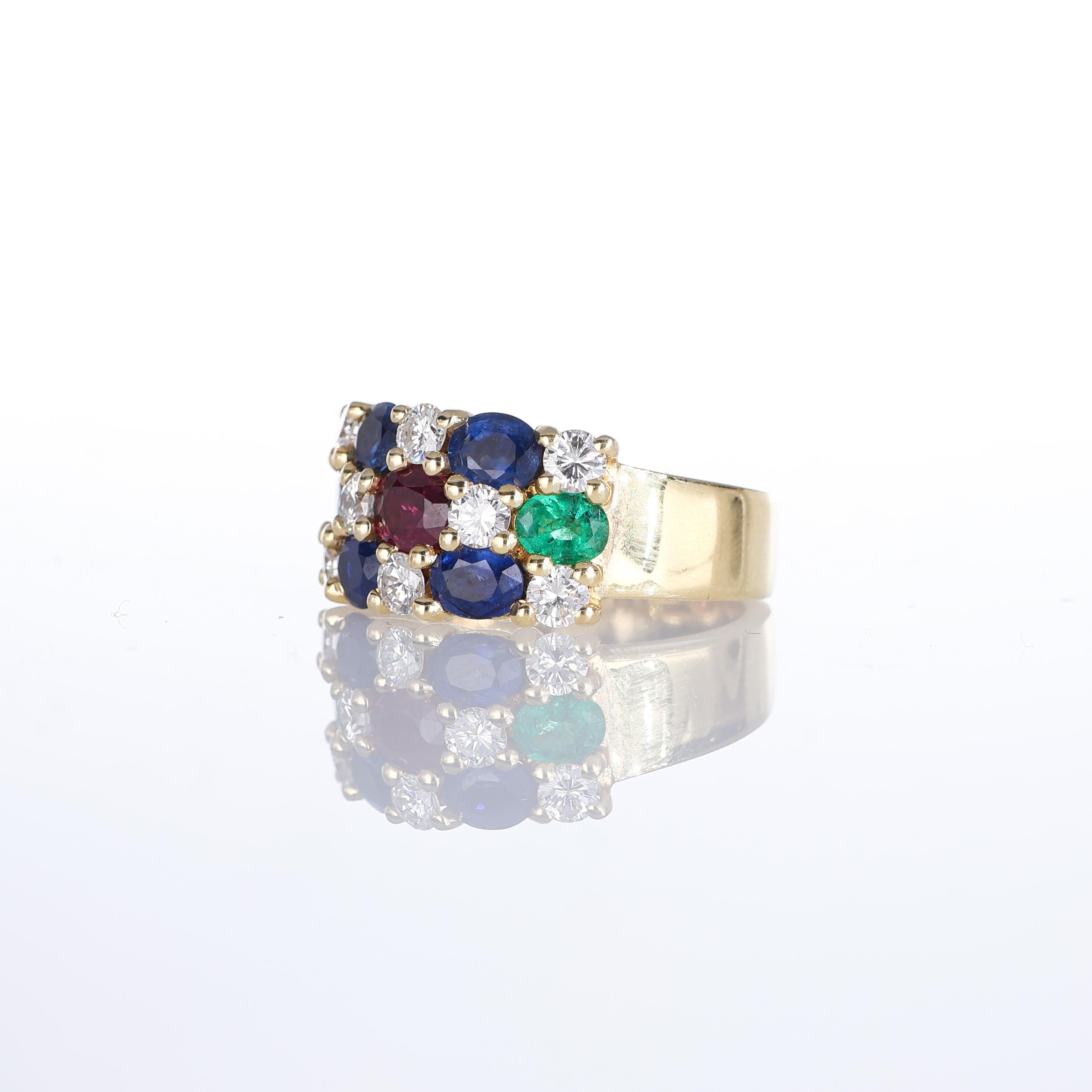 18kt Yellow Gold Band Ring with Diamonds, Sapphires, Rubies, and Emeralds In New Condition For Sale In Bergamo, BG
