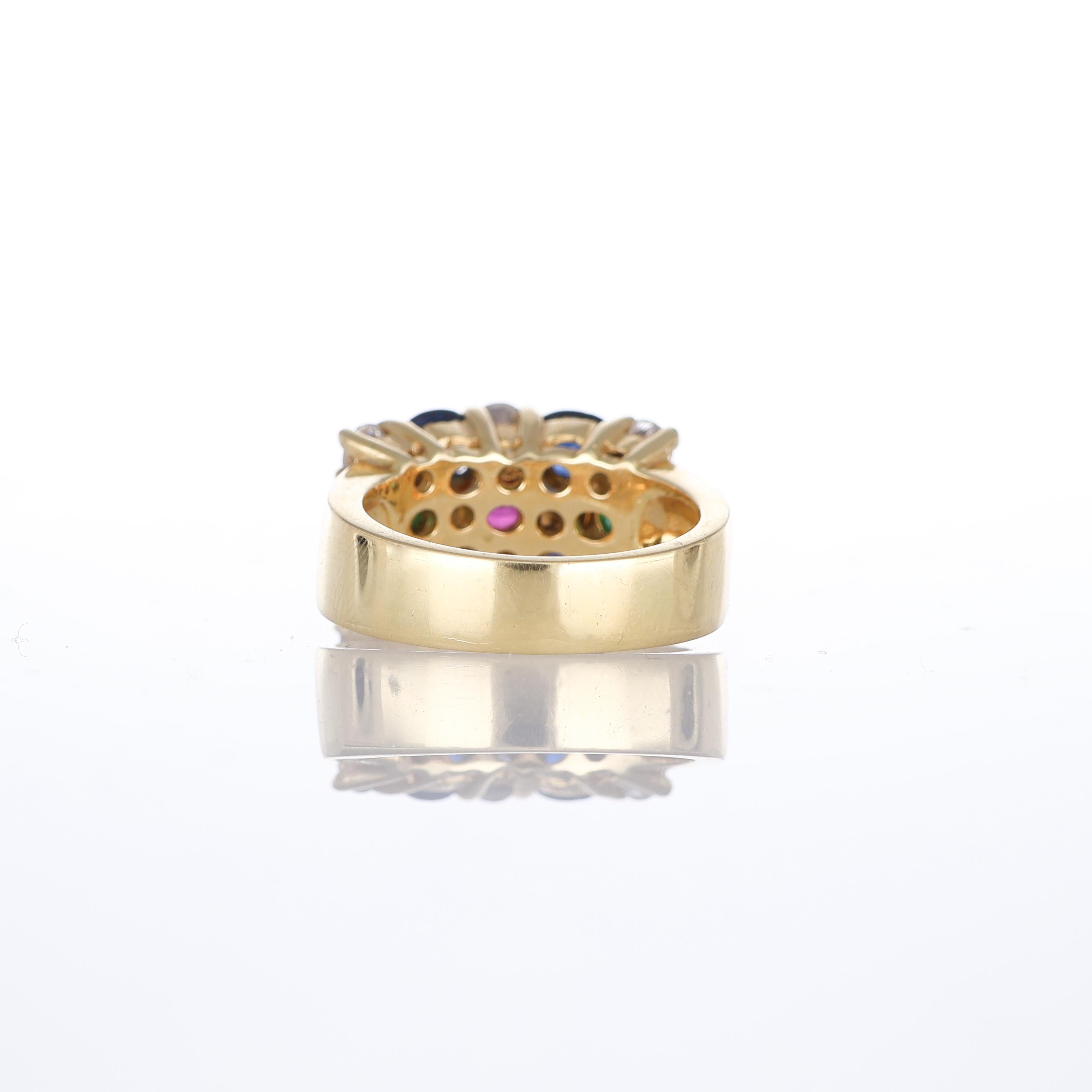Women's or Men's 18kt Yellow Gold Band Ring with Diamonds, Sapphires, Rubies, and Emeralds For Sale