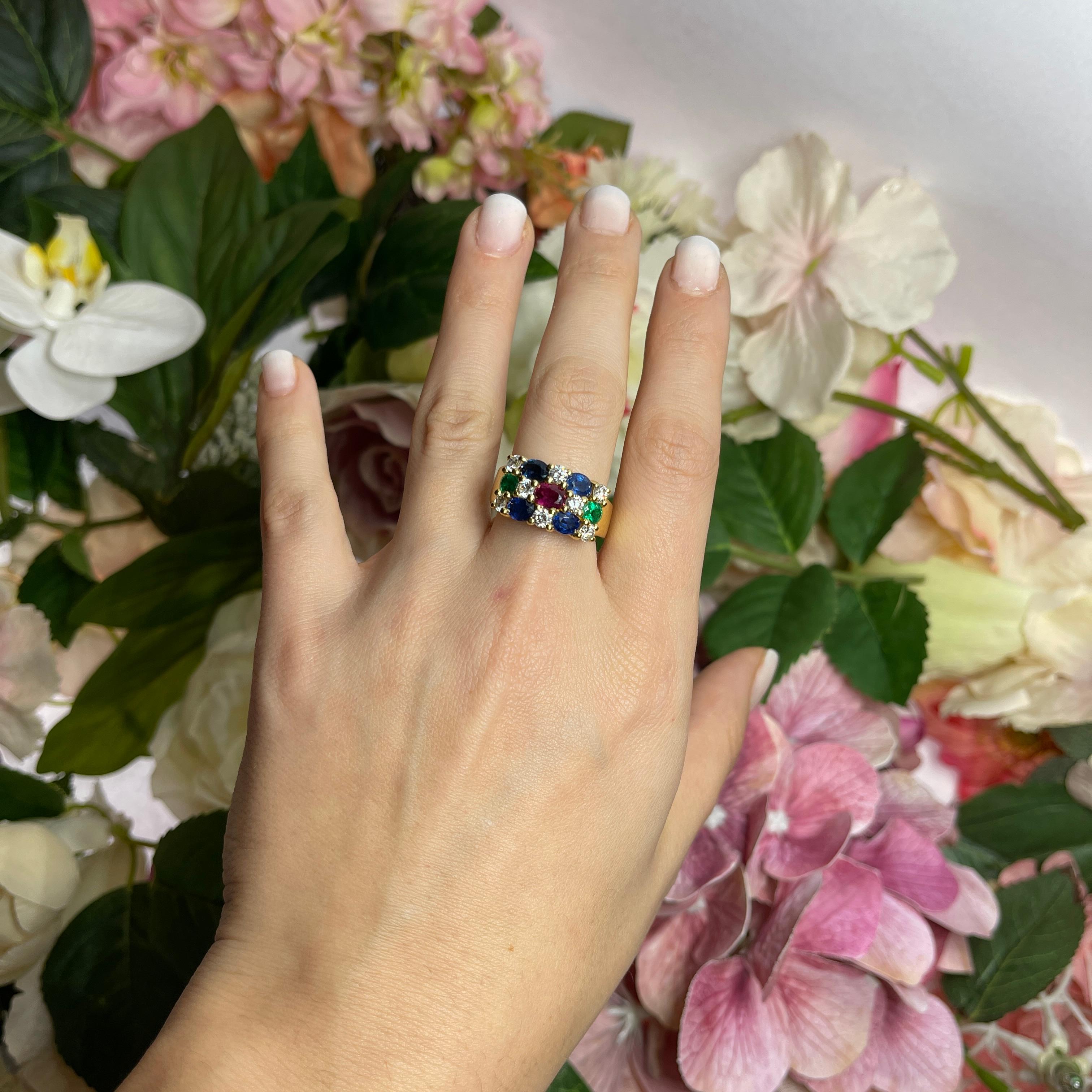 18kt Yellow Gold Band Ring with Diamonds, Sapphires, Rubies, and Emeralds For Sale 1