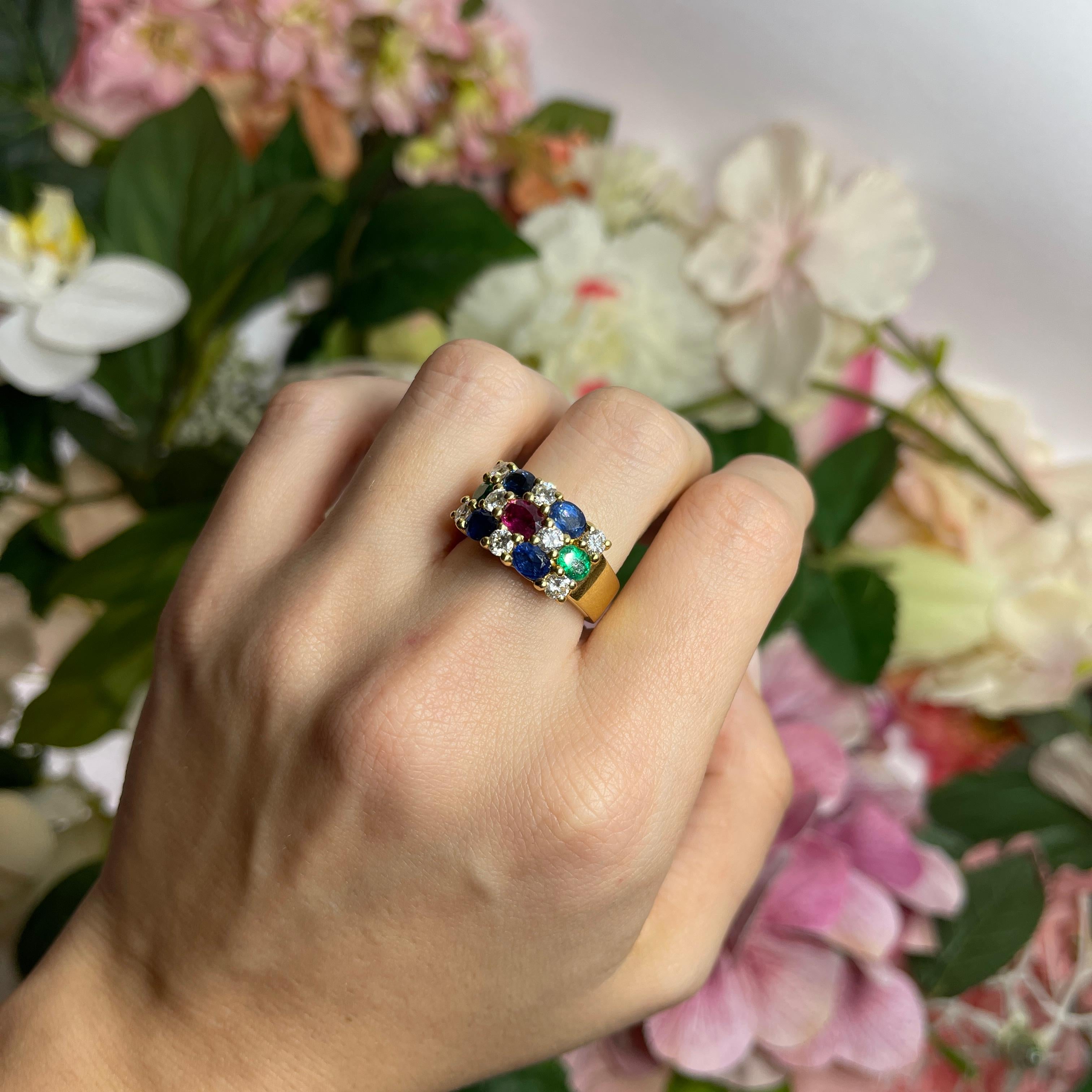 18kt Yellow Gold Band Ring with Diamonds, Sapphires, Rubies, and Emeralds For Sale 3