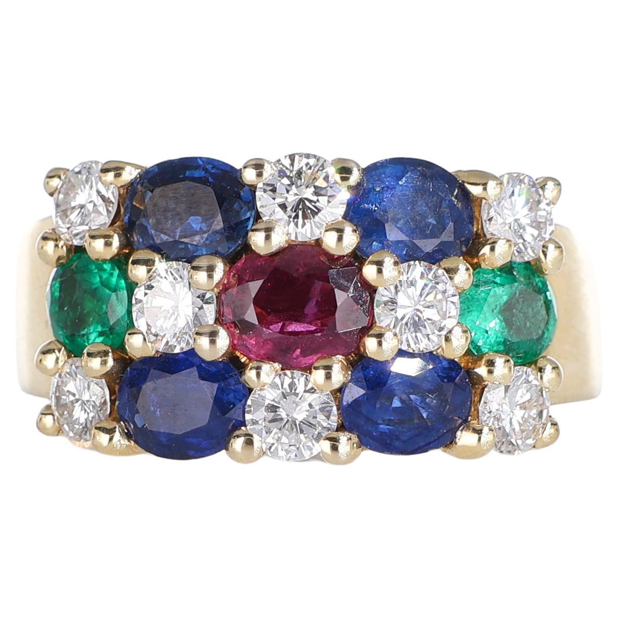 Anillo de oro amarillo de 18 quilates con diamantes, zafiros, rubíes y esmeraldas