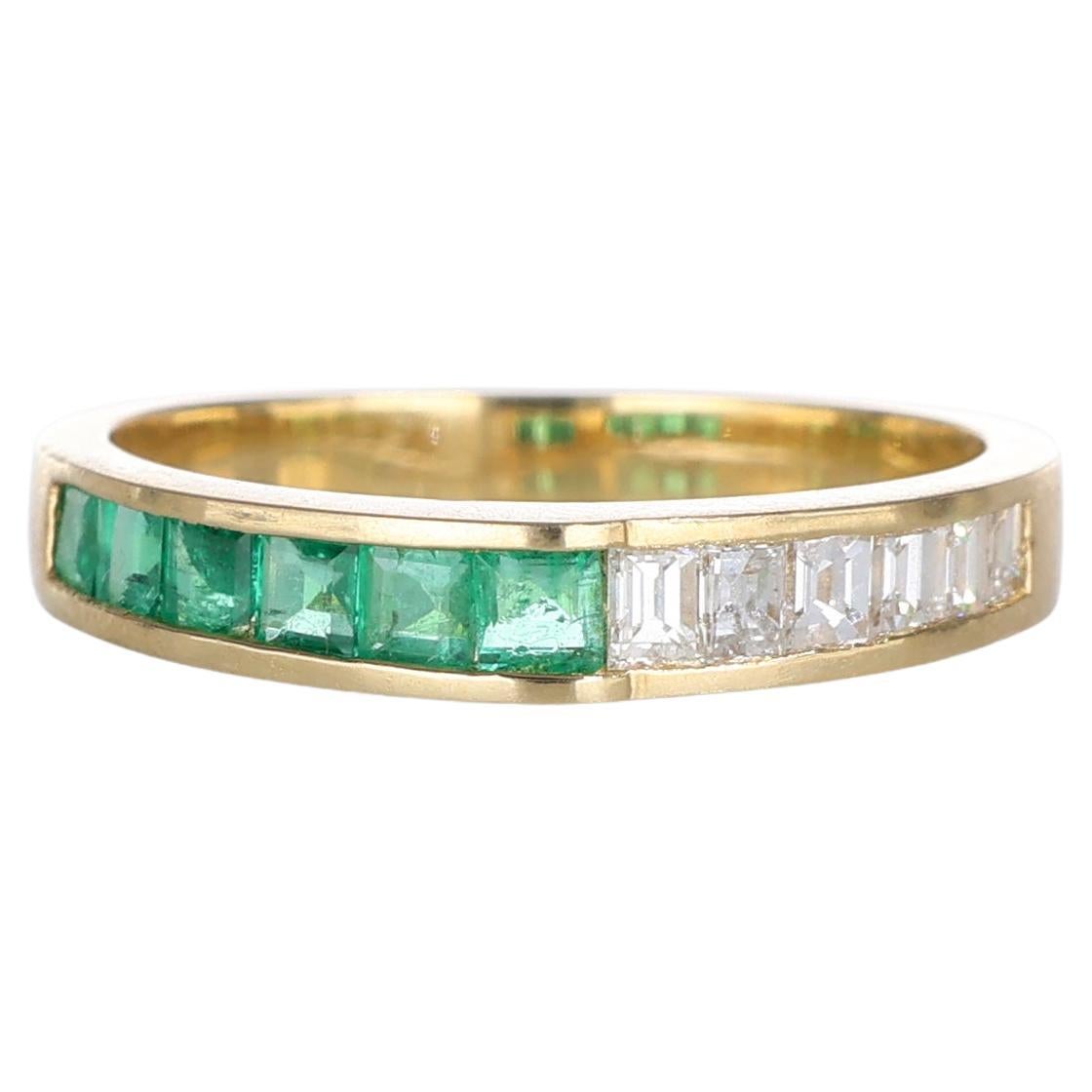 18kt Yellow Gold Band Ring with Emerald and Diamond Baguettes