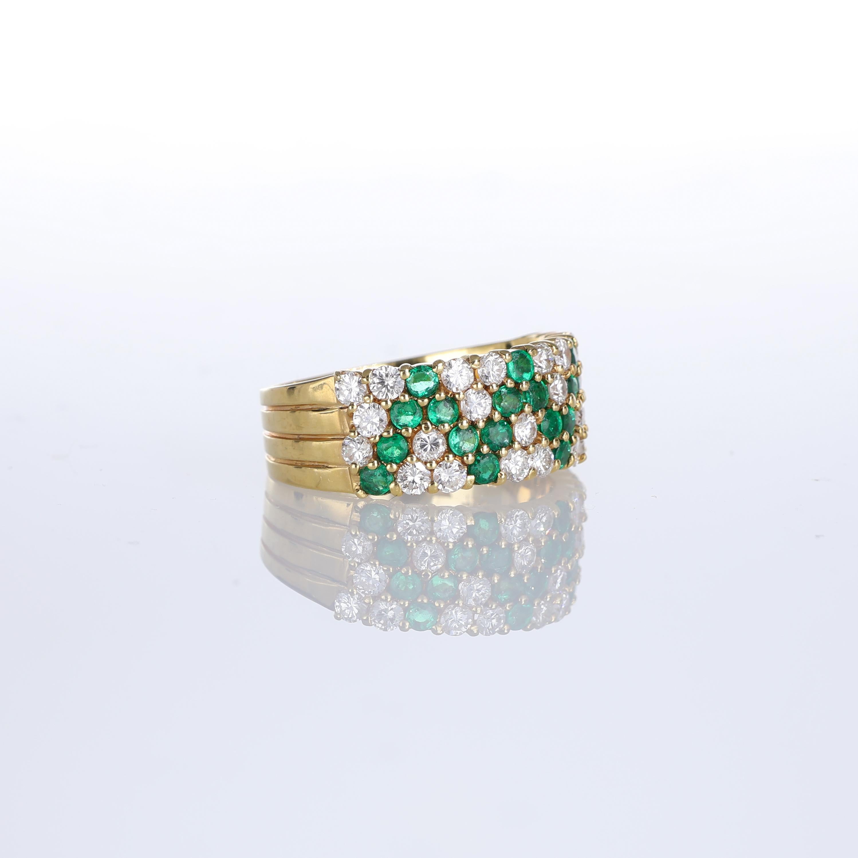 Brilliant Cut 18kt Yellow Gold Band Ring with Emeralds and Diamonds For Sale