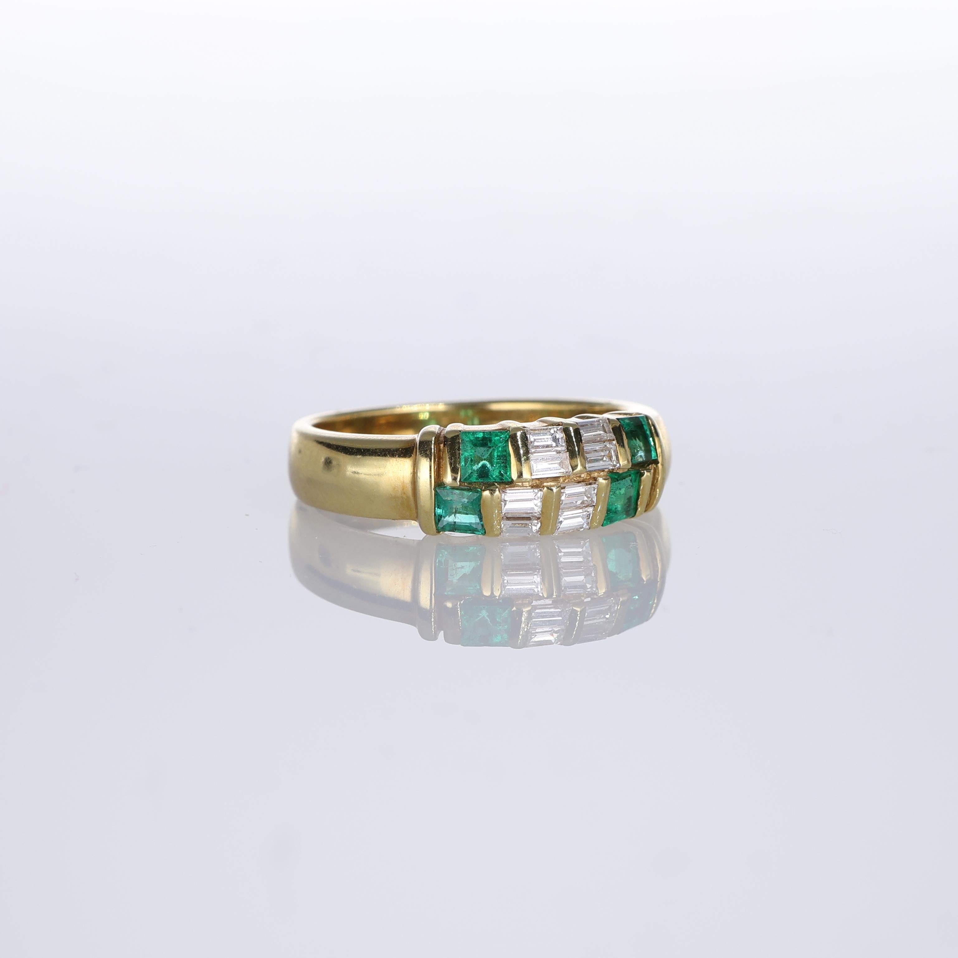Brilliant Cut 18kt Yellow Gold Band Ring with Emeralds and Diamonds For Sale