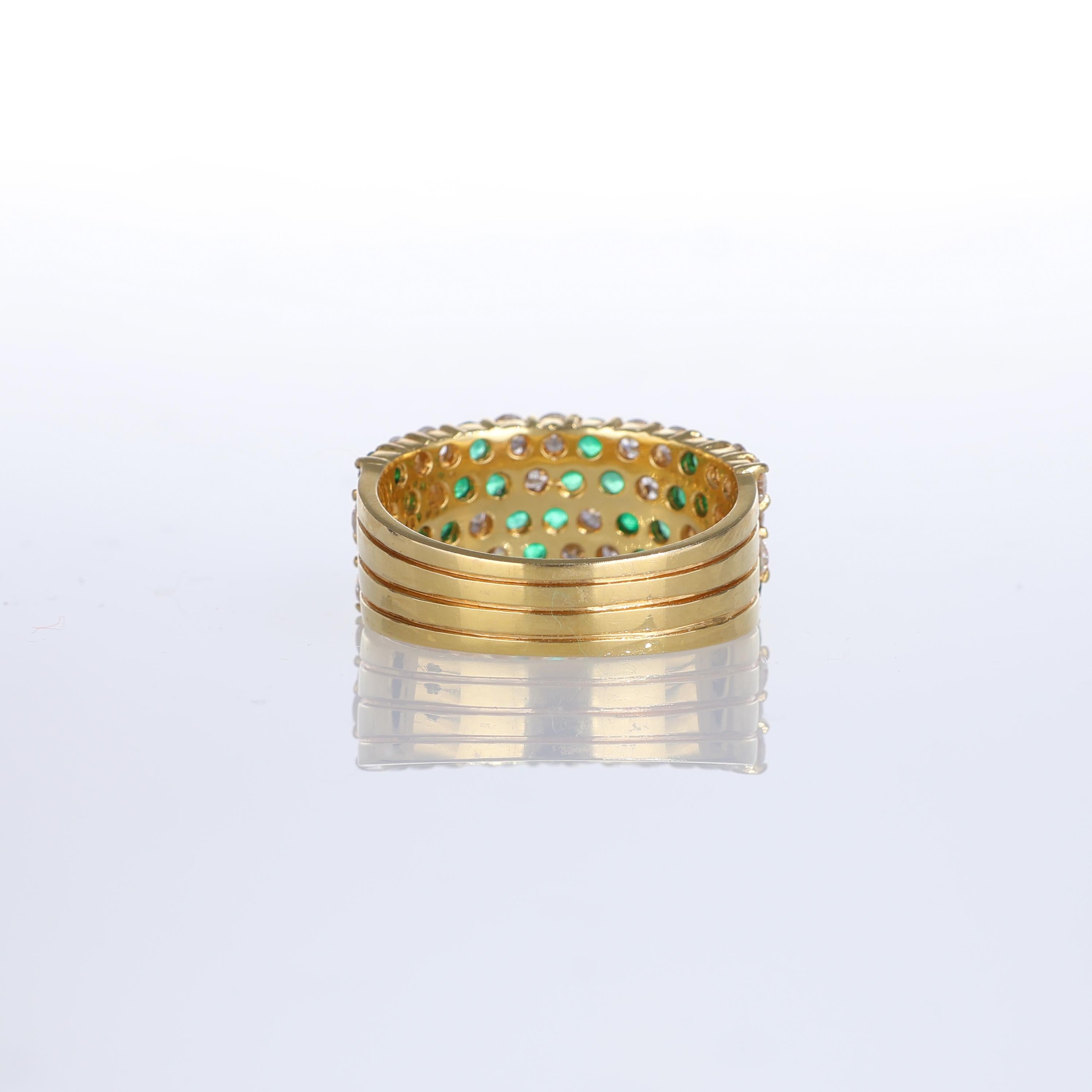 Women's or Men's 18kt Yellow Gold Band Ring with Emeralds and Diamonds For Sale
