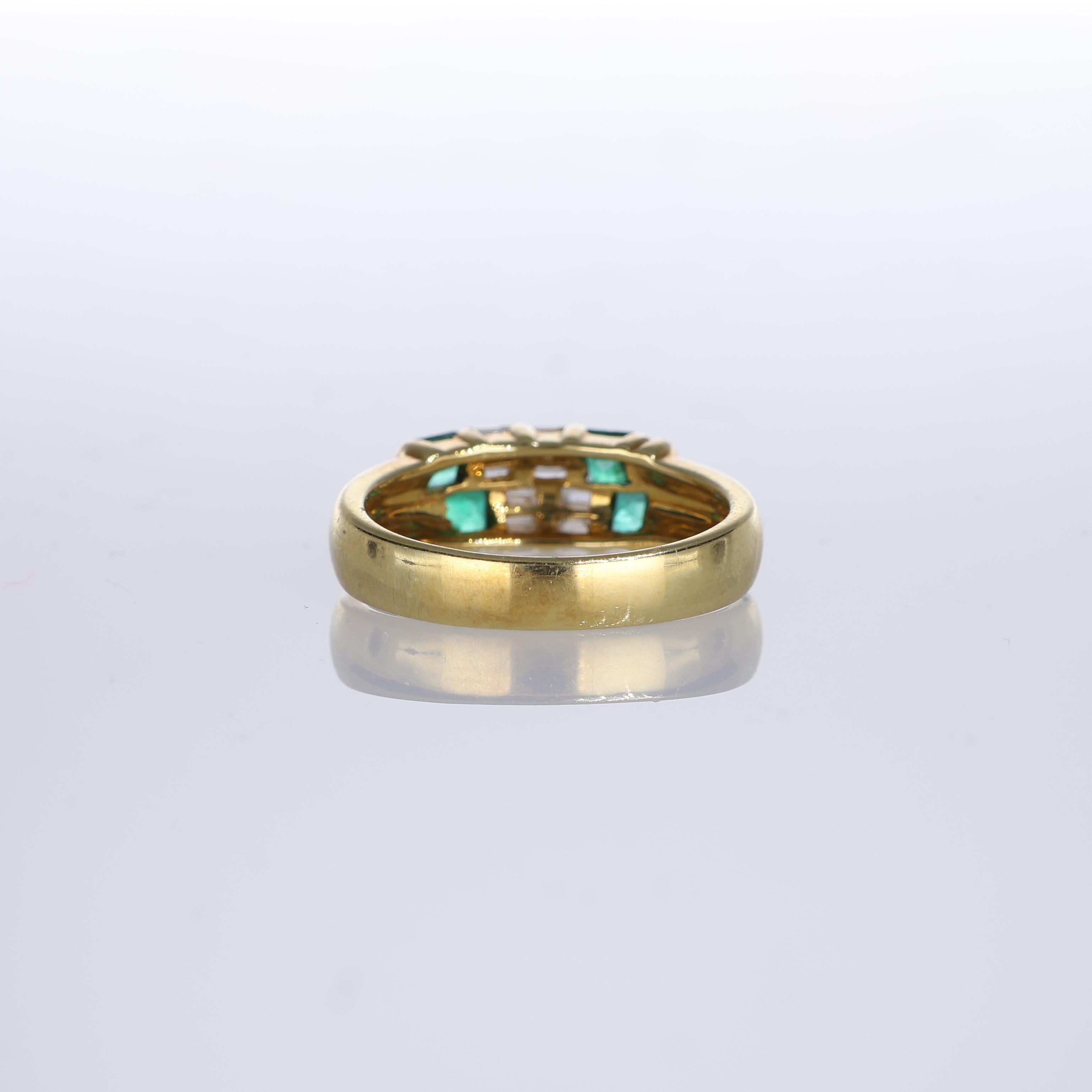 Women's or Men's 18kt Yellow Gold Band Ring with Emeralds and Diamonds For Sale