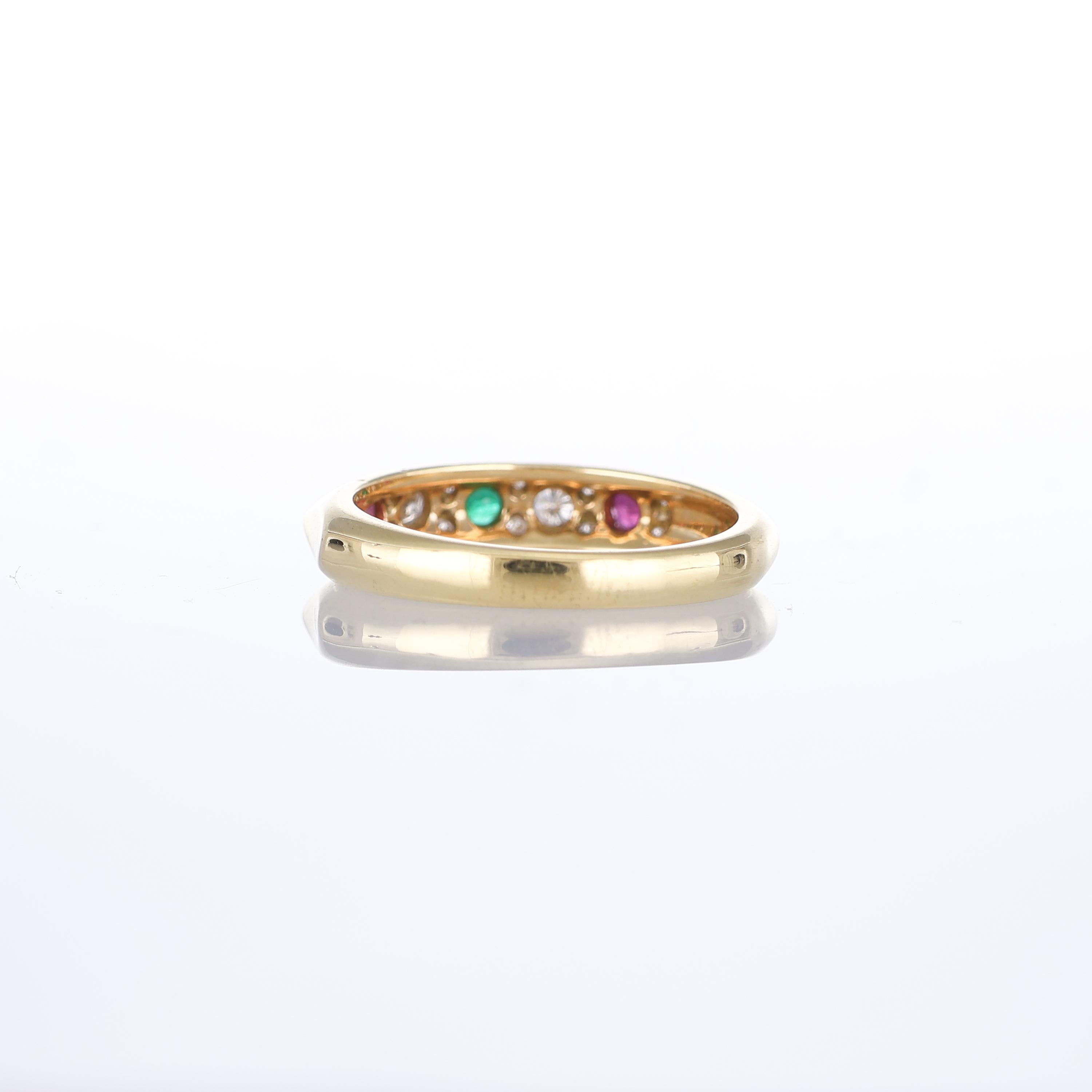 Women's or Men's 18kt Yellow Gold Band Ring with Emeralds, Rubies, and Diamonds For Sale