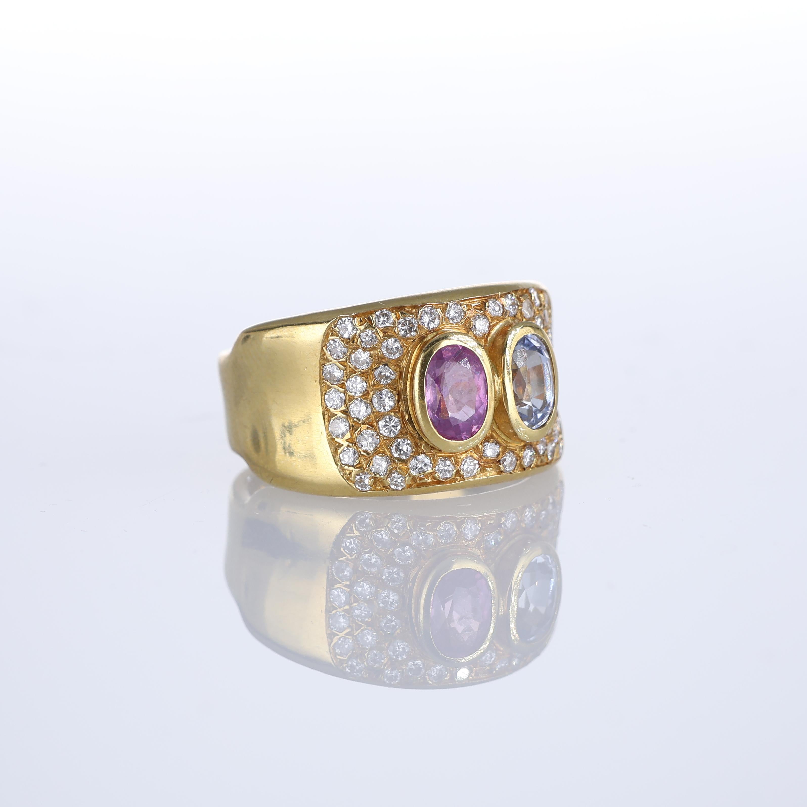 Brilliant Cut 18kt Yellow Gold Band Ring with Natural Diamonds and Tourmalines For Sale