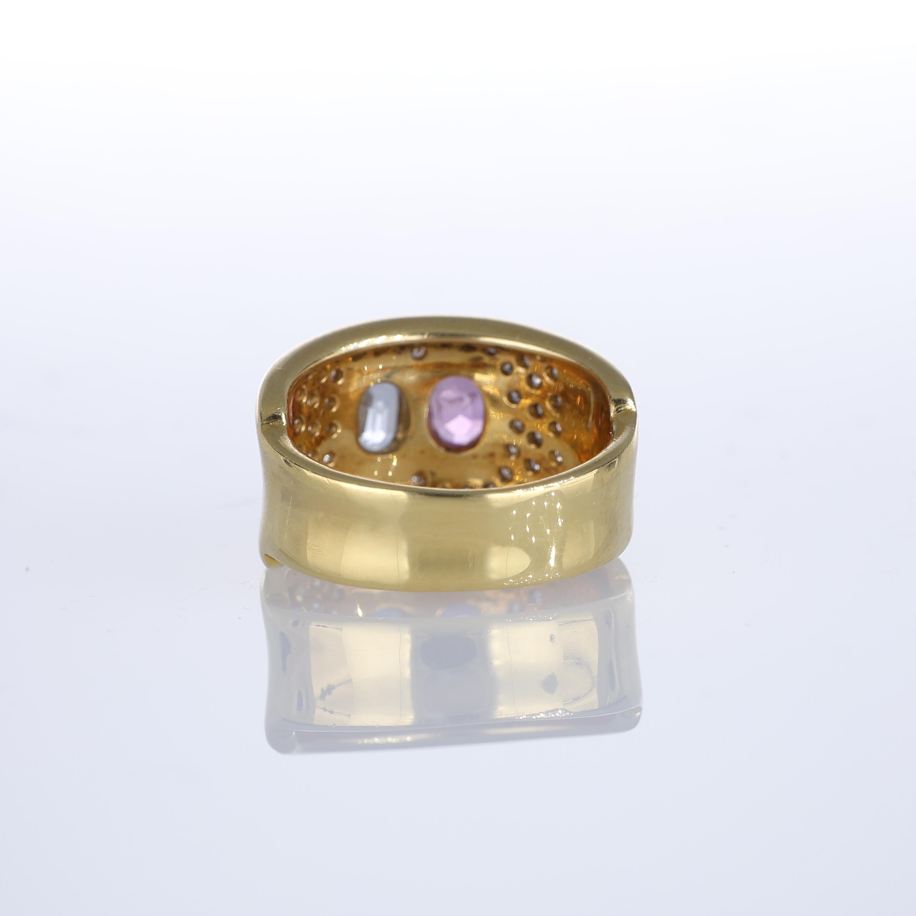 Women's or Men's 18kt Yellow Gold Band Ring with Natural Diamonds and Tourmalines For Sale