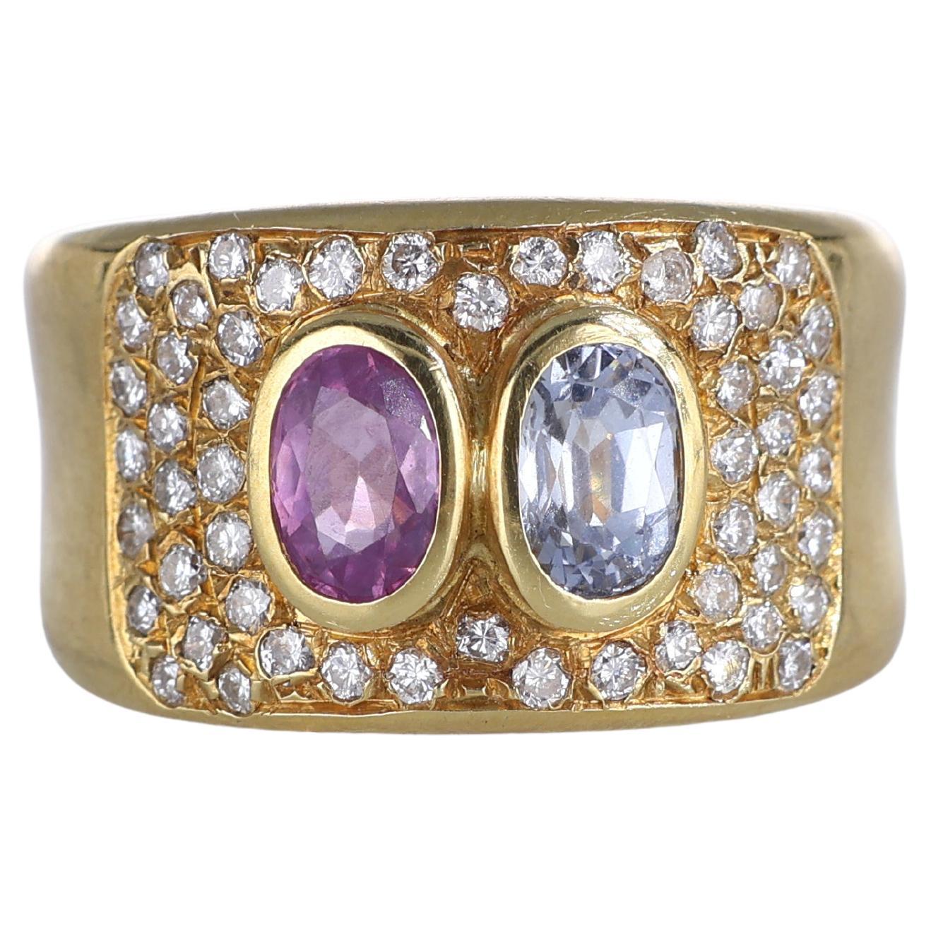 18kt Yellow Gold Band Ring with Natural Diamonds and Tourmalines