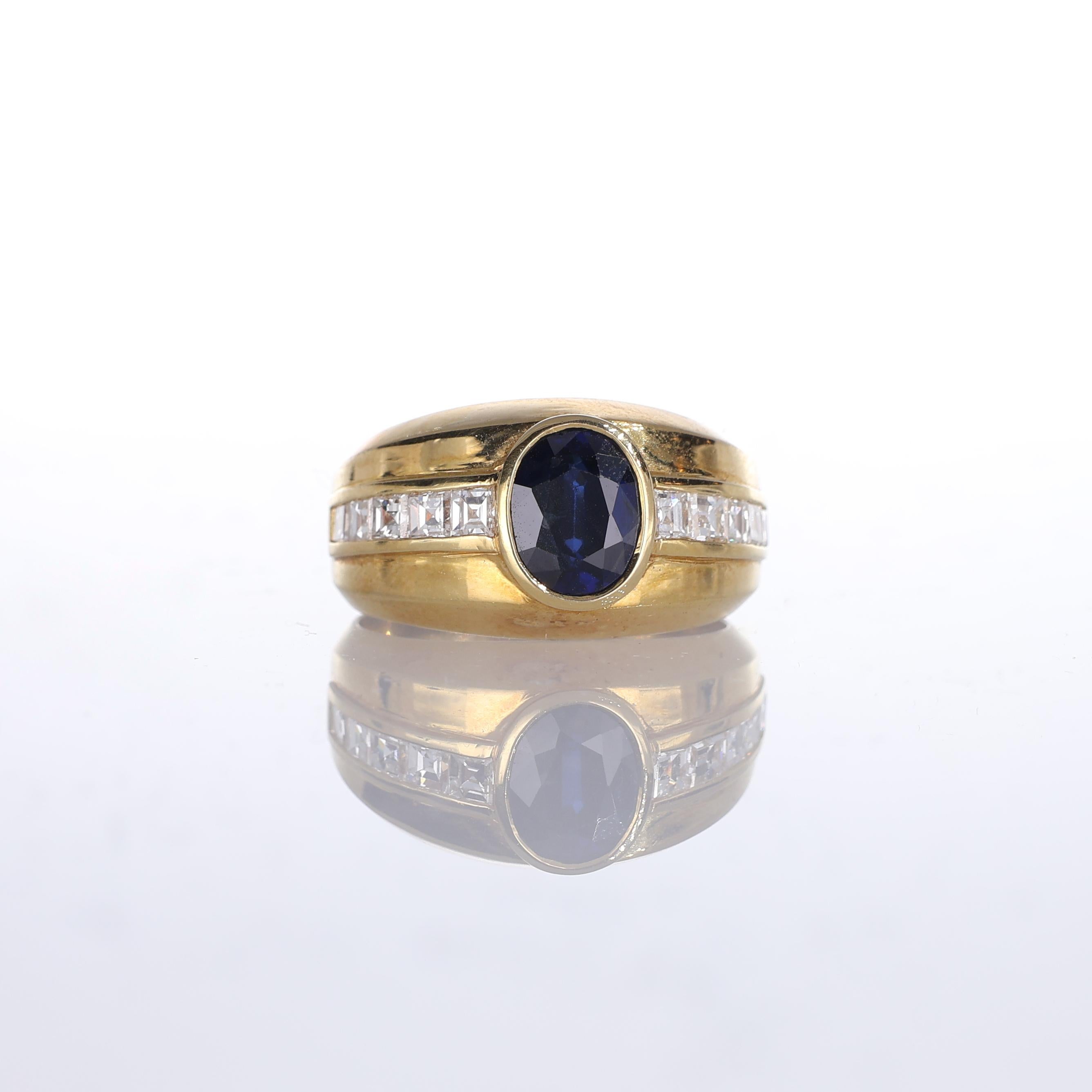 IMPORTANT NOTE:
✔ No additional costs will be added to this order.
✔ Shipping and customs duties are fully covered by us.
--------------------
A striking 18kt yellow gold band ring showcasing a central oval sapphire weighing 1.62 carats, flanked by