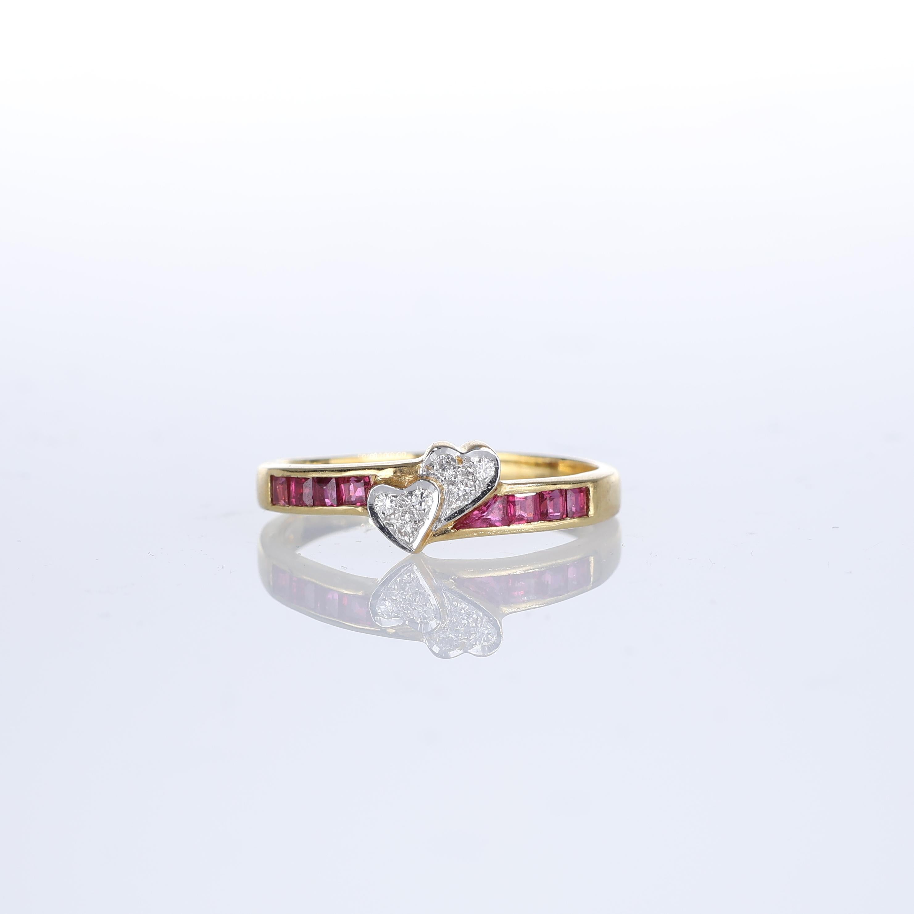IMPORTANT NOTE:
✔ No additional costs will be added to this order.
✔ Shipping and customs duties are fully covered by us.
--------------------
A delicate 18kt yellow gold band ring featuring a row of rubies and two heart motifs adorned with