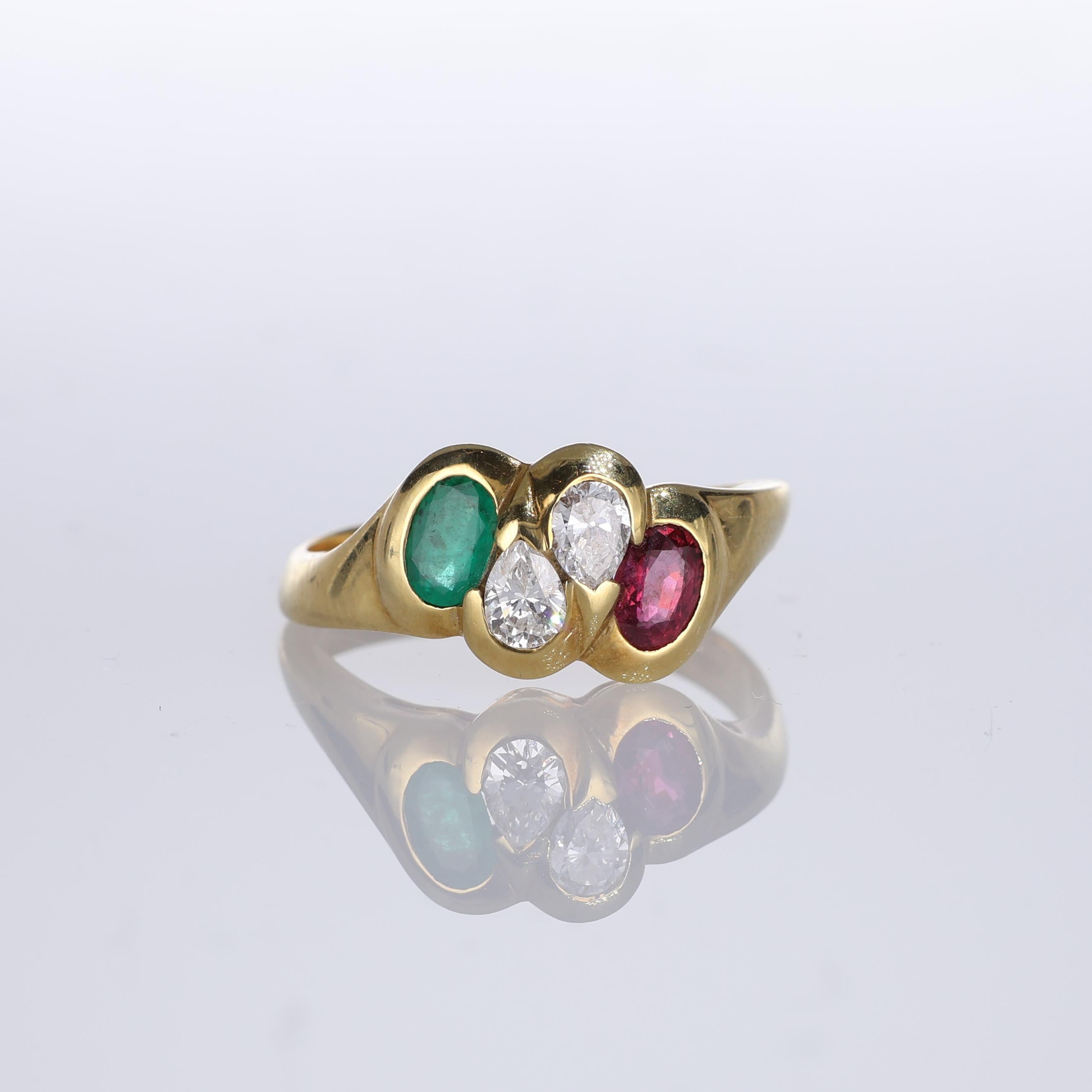 IMPORTANT NOTE:
✔ No additional costs will be added to this order.
✔ Shipping and customs duties are fully covered by us.
--------------------
This exquisite 18kt yellow gold band ring features a harmonious trio of rubies, emeralds, and pear-cut