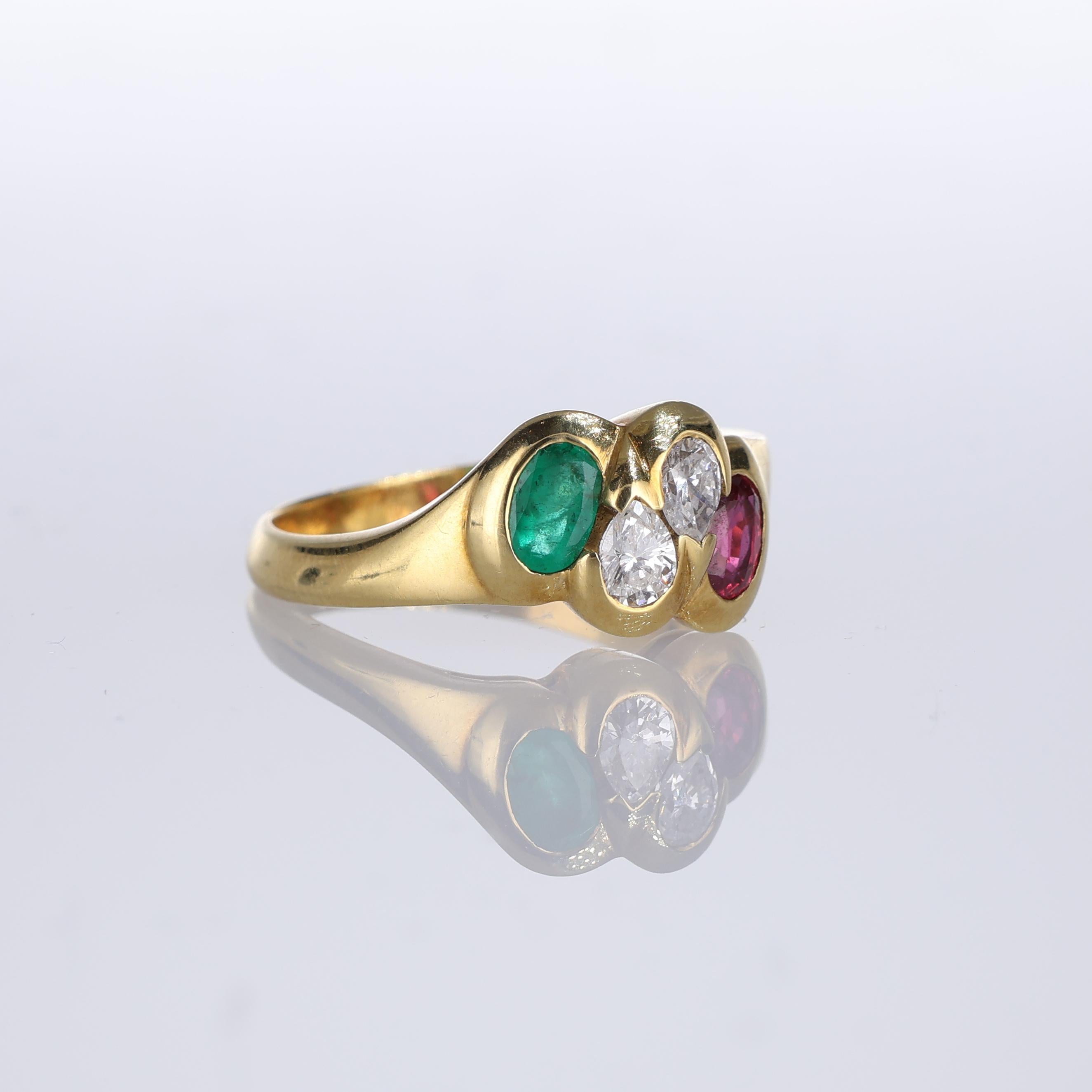 Brilliant Cut 18kt Yellow Gold Band Ring with Rubies, Emeralds, and Pear-Cut Diamonds For Sale