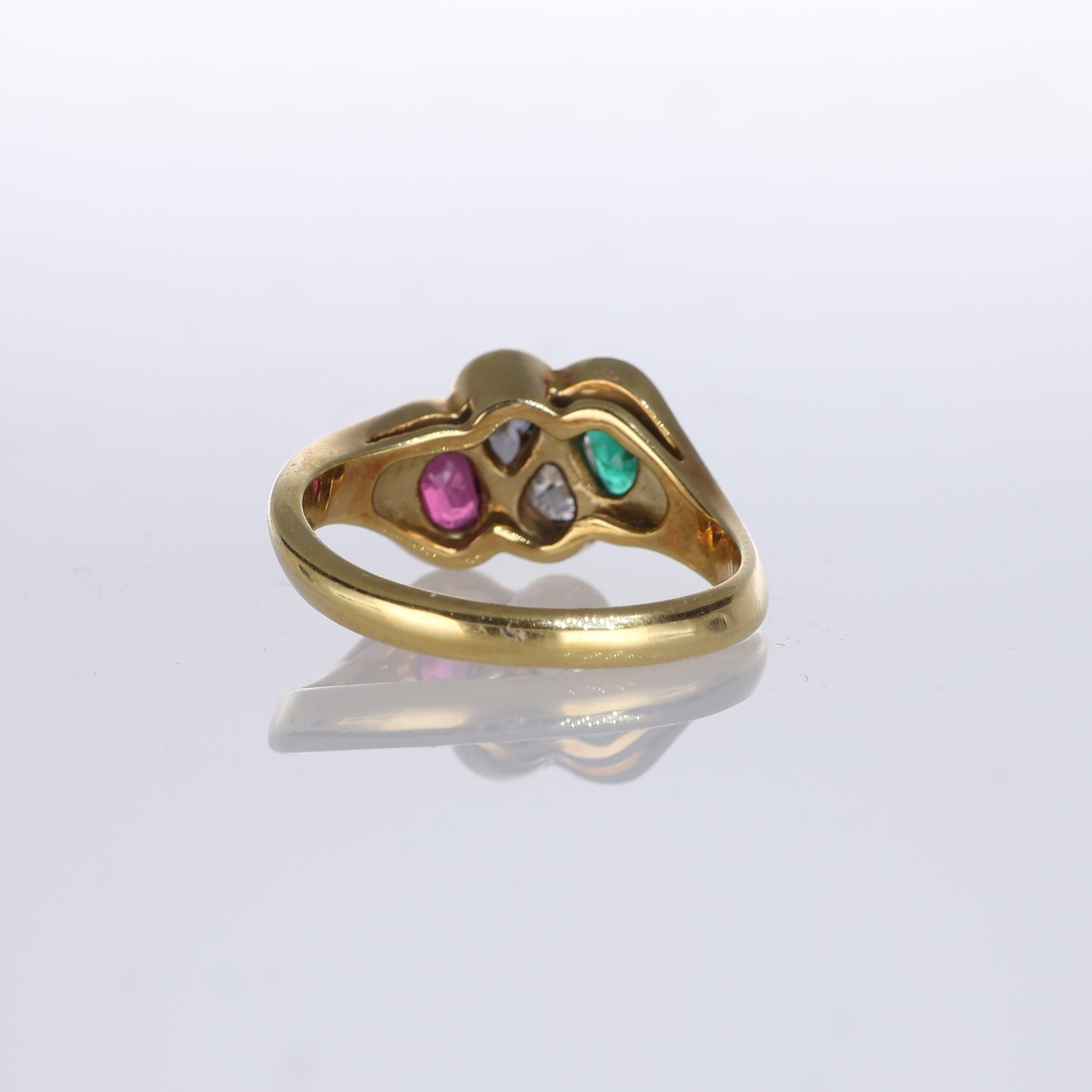 Women's or Men's 18kt Yellow Gold Band Ring with Rubies, Emeralds, and Pear-Cut Diamonds For Sale