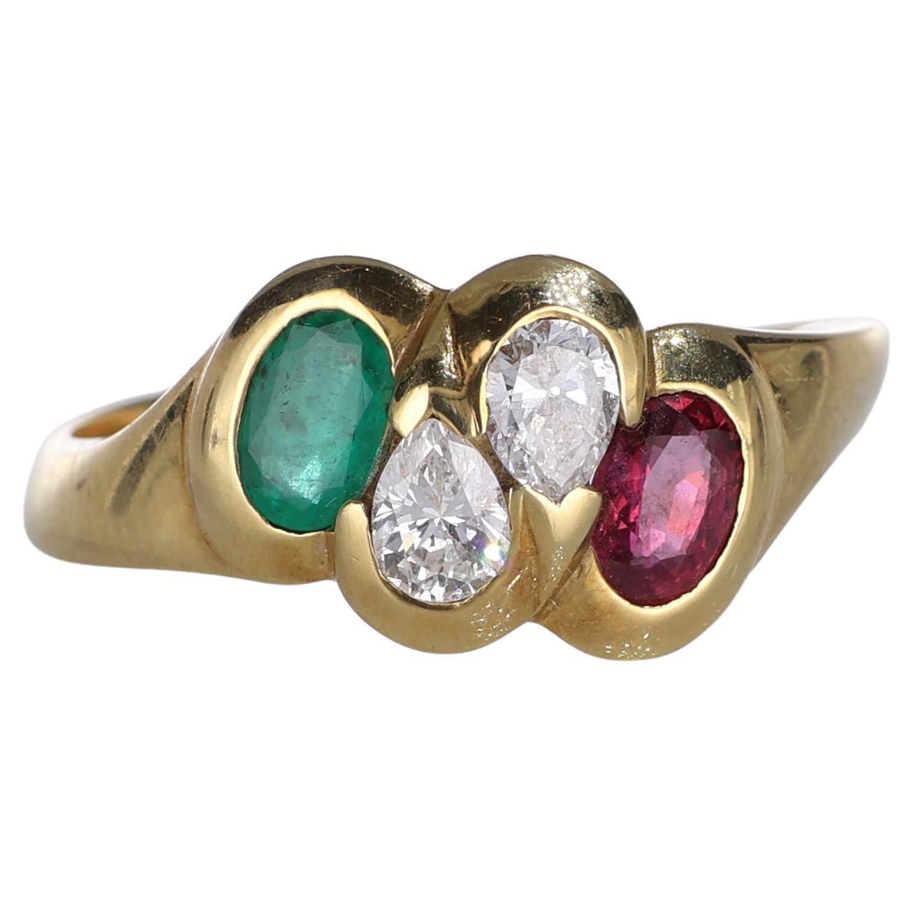 18kt Yellow Gold Band Ring with Rubies, Emeralds, and Pear-Cut Diamonds
