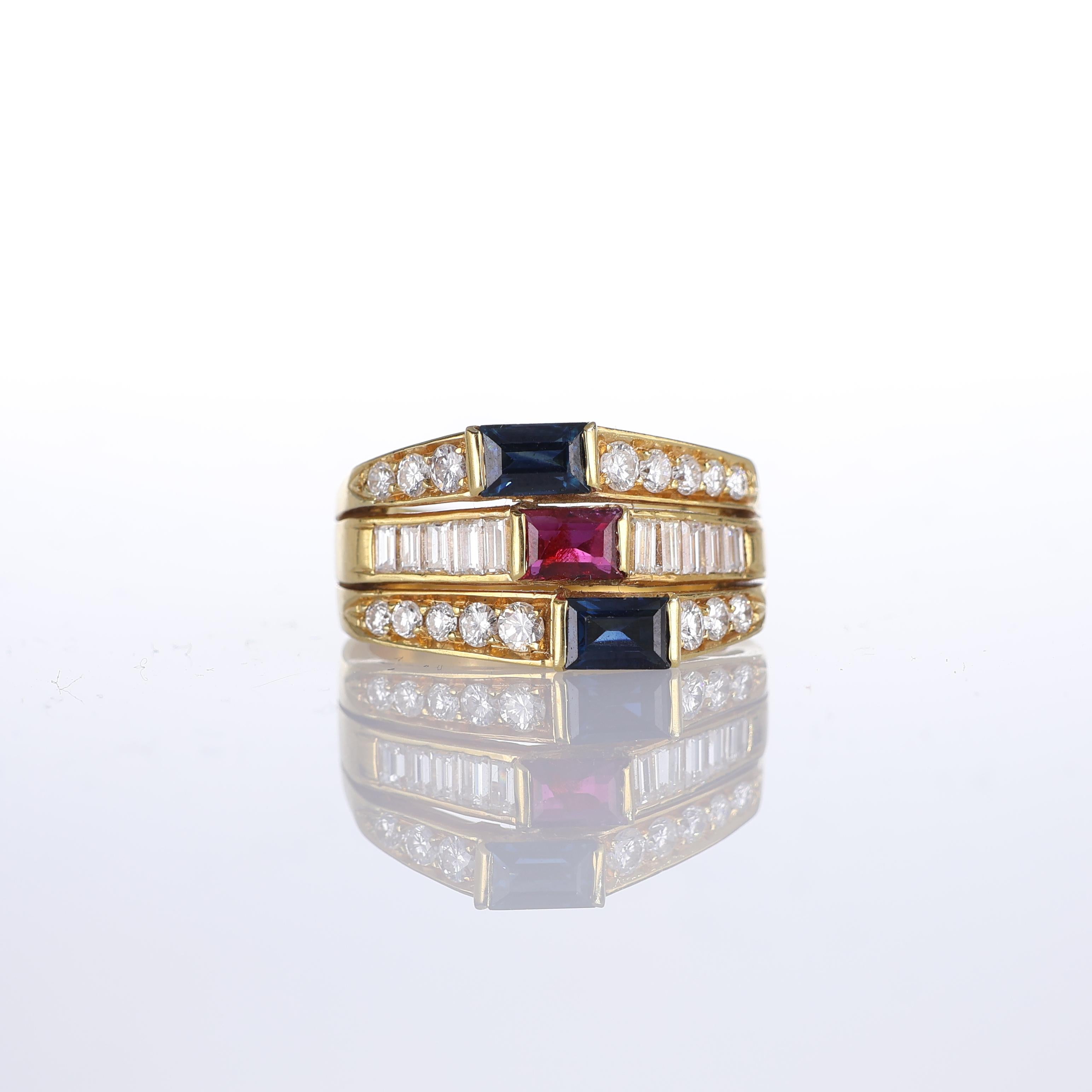 IMPORTANT NOTE:
✔ No additional costs will be added to this order.
✔ Shipping and customs duties are fully covered by us.
--------------------
An elegant 18kt yellow gold band ring composed of three stacked bands featuring a central rectangular-cut