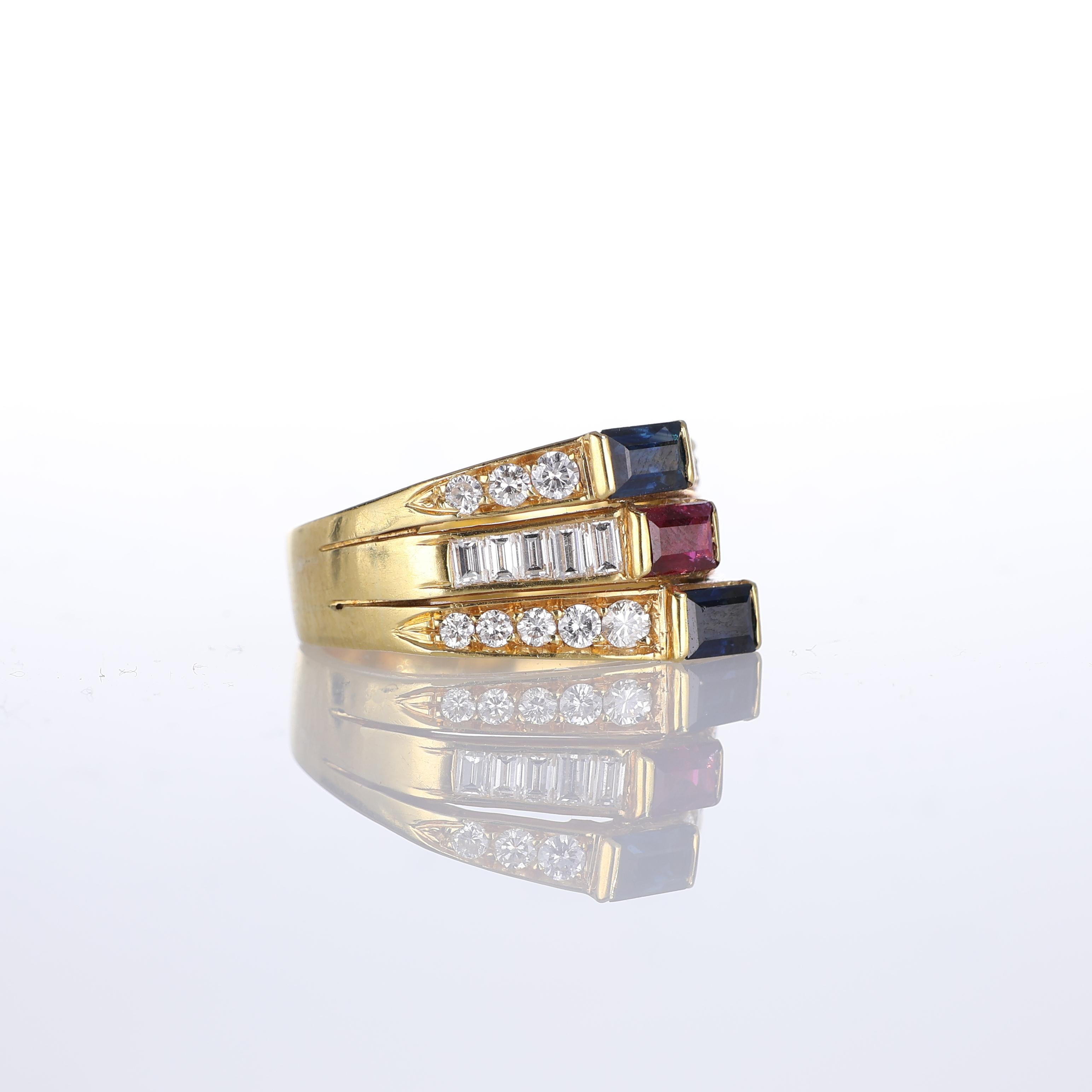 Brilliant Cut 18kt Yellow Gold Band Ring with Ruby, Sapphires, and Diamond Pavé For Sale