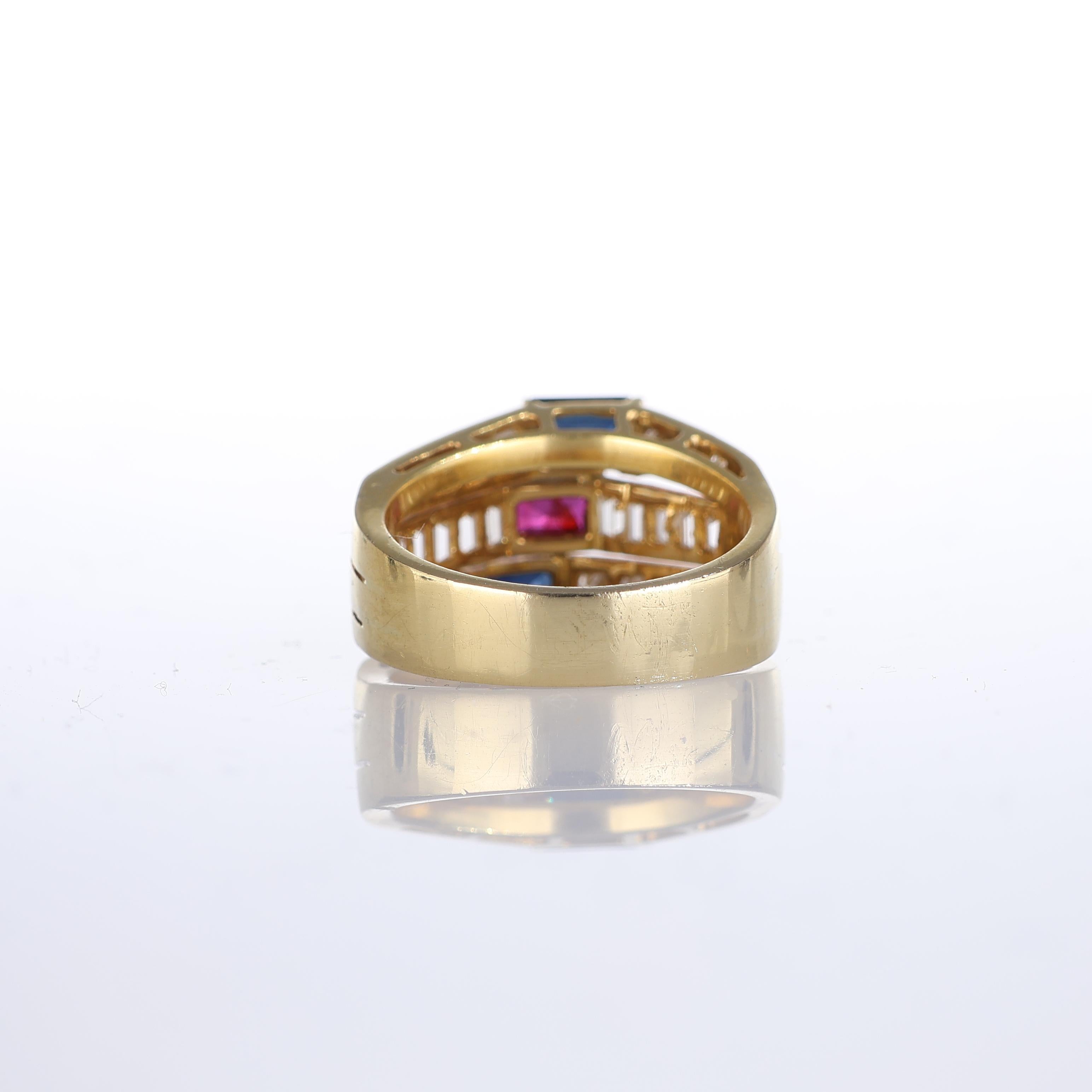 Women's or Men's 18kt Yellow Gold Band Ring with Ruby, Sapphires, and Diamond Pavé For Sale