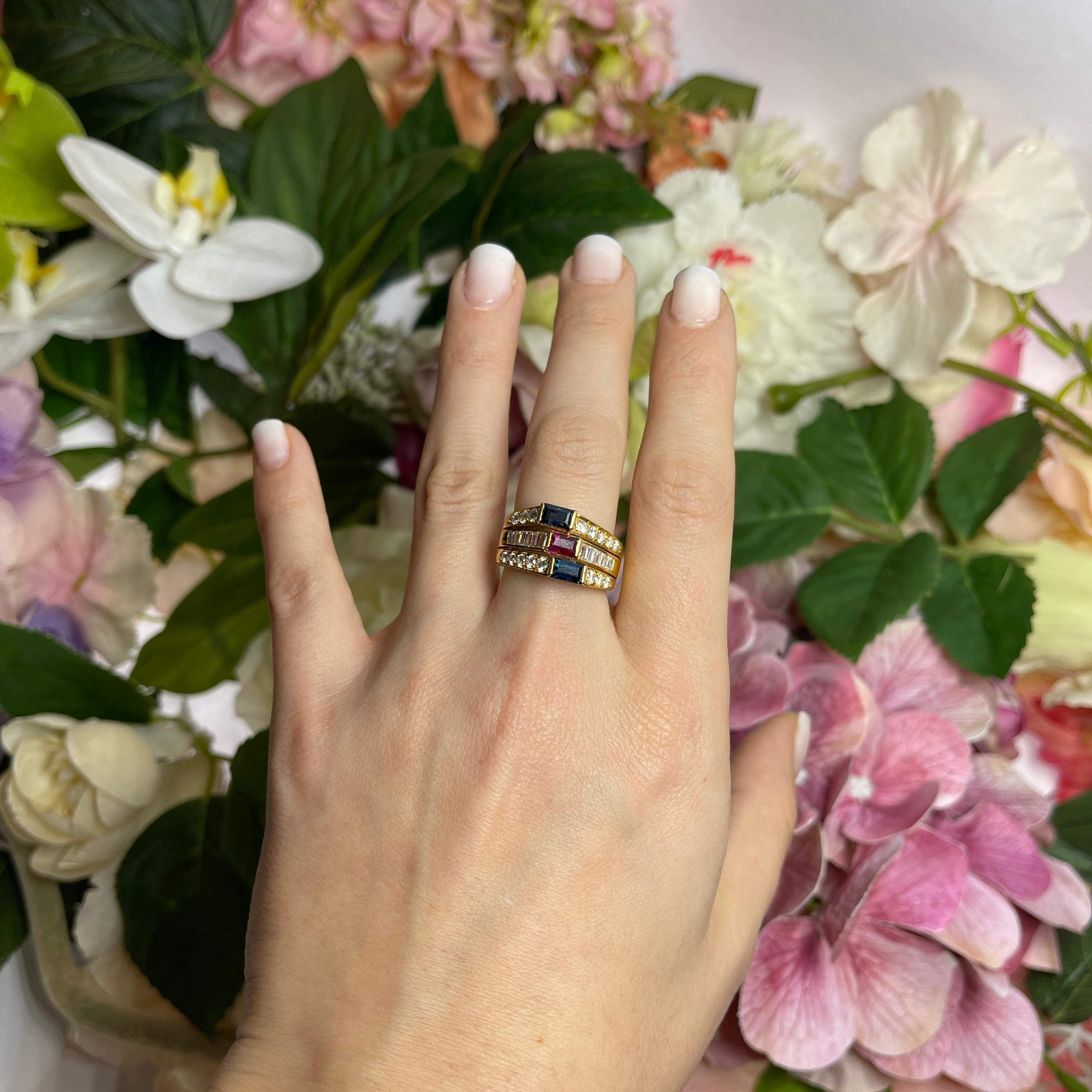 18kt Yellow Gold Band Ring with Ruby, Sapphires, and Diamond Pavé For Sale 1